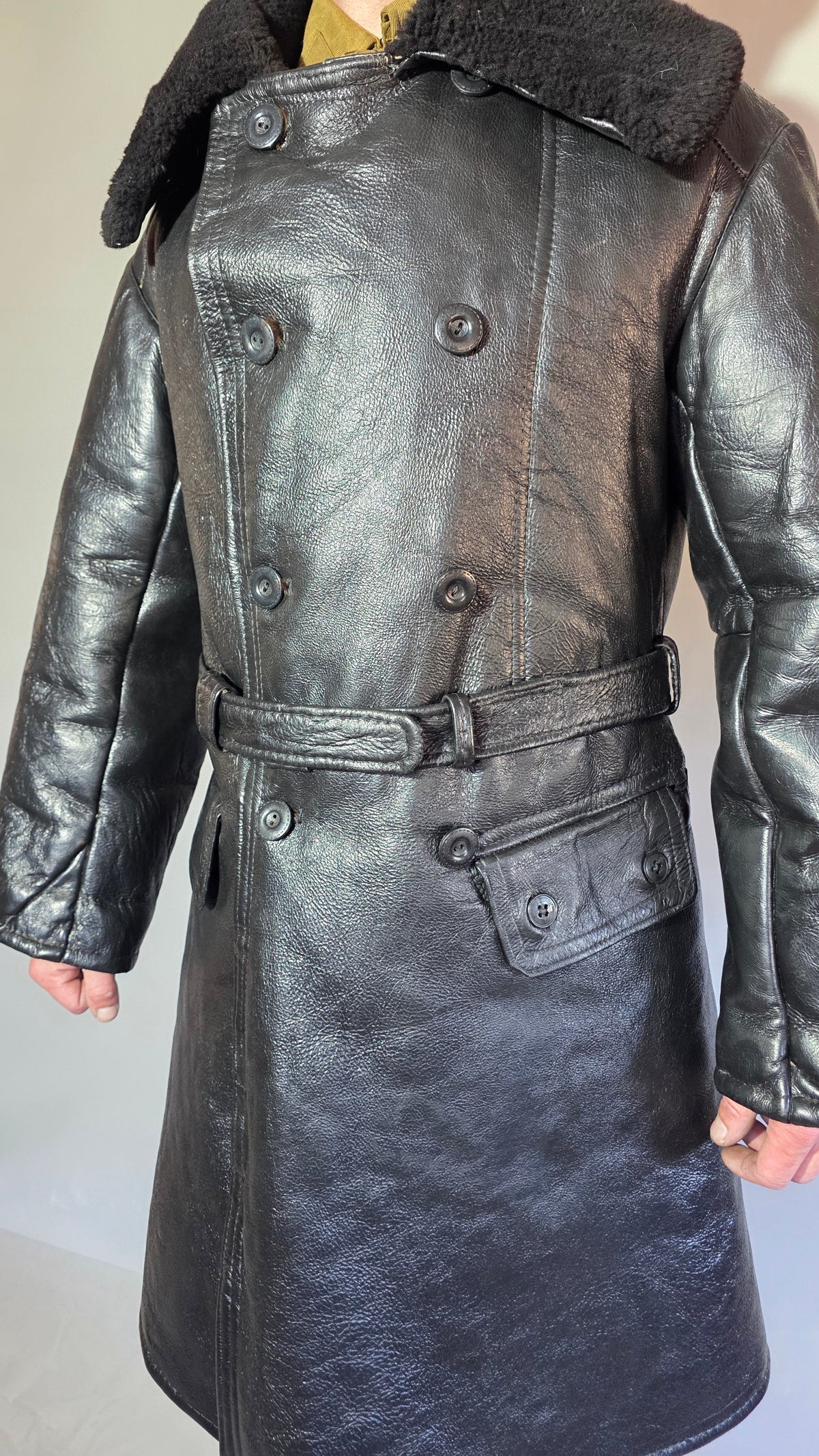 Soviet USSR VMF Admiral Leather Tulup Black Long Winter Coat Karakul Collar