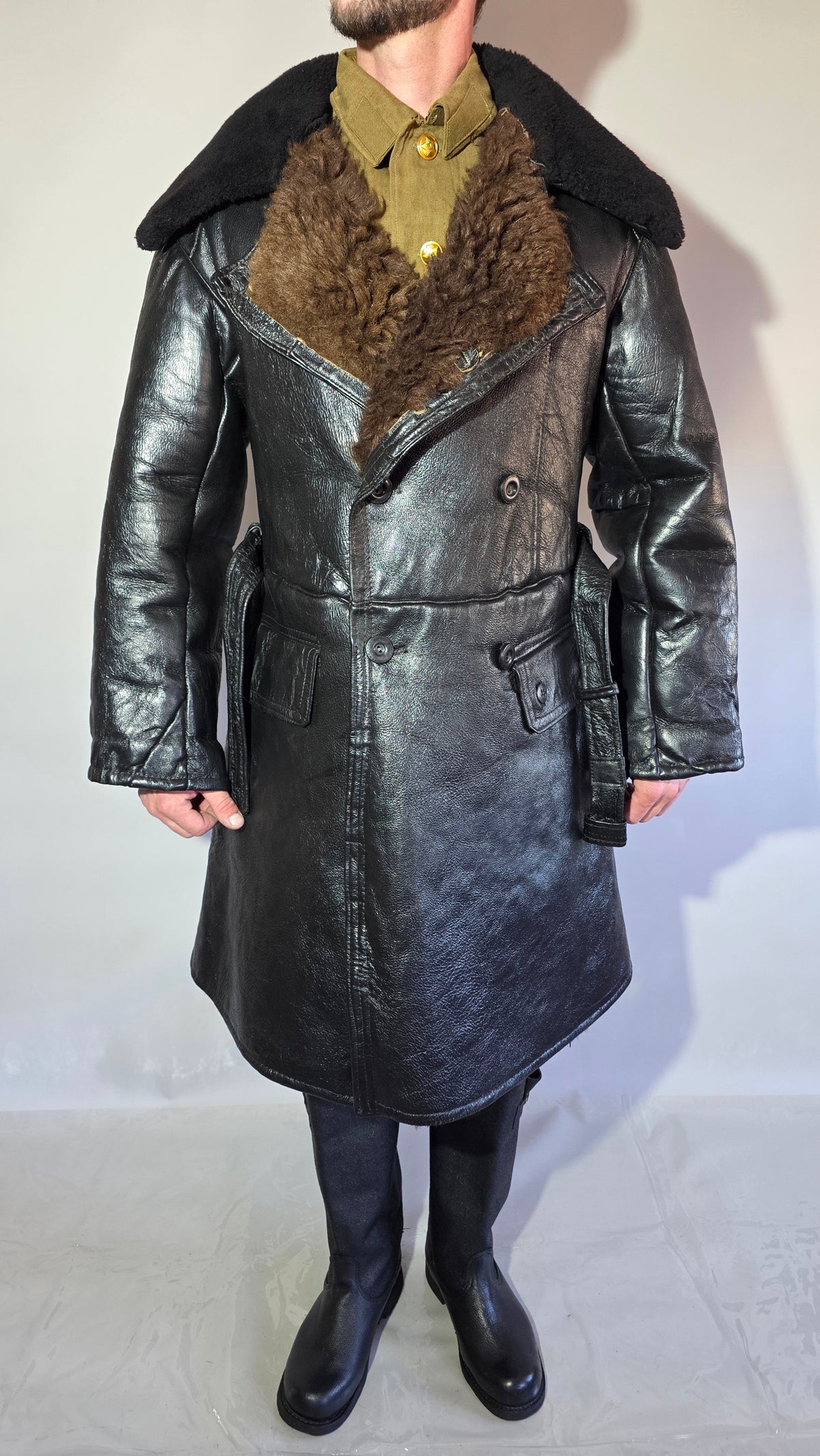 Soviet USSR VMF Admiral Leather Tulup Black Long Winter Coat Karakul Collar