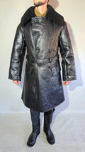 Soviet USSR VMF Admiral Leather Tulup Black Long Winter Coat Karakul Collar