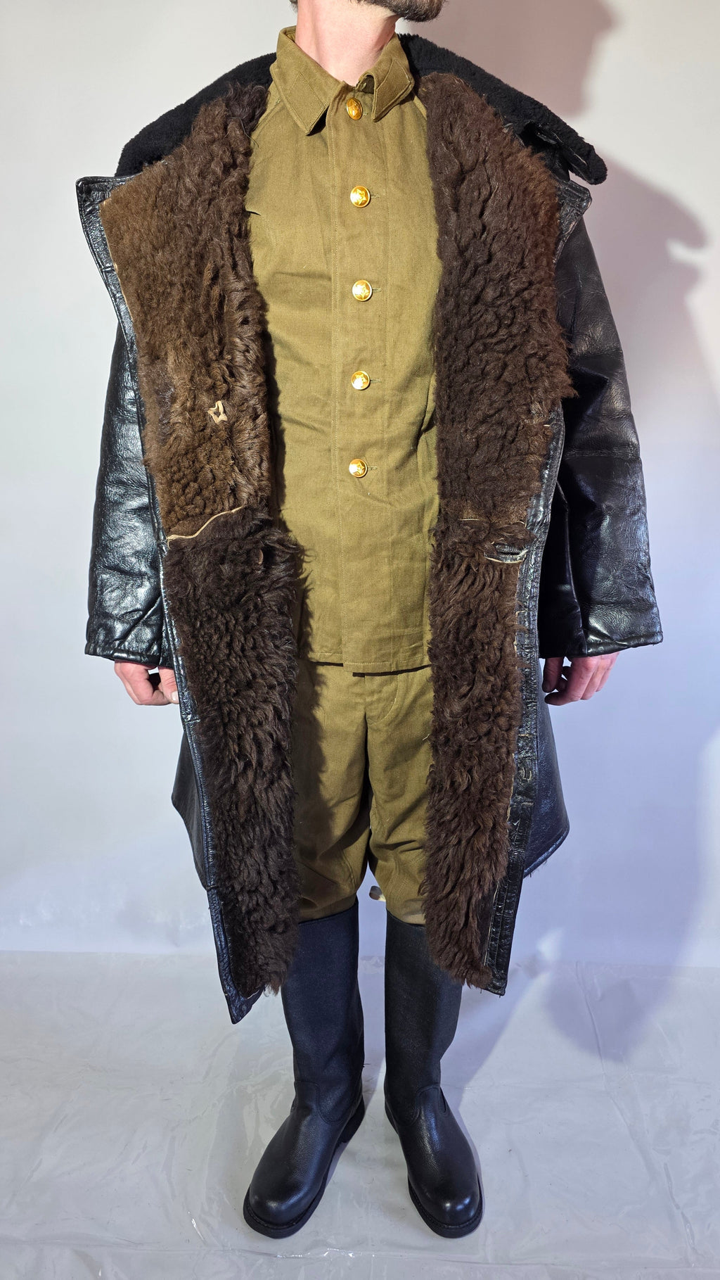 Soviet USSR VMF Admiral Leather Tulup Black Long Winter Coat Karakul Collar
