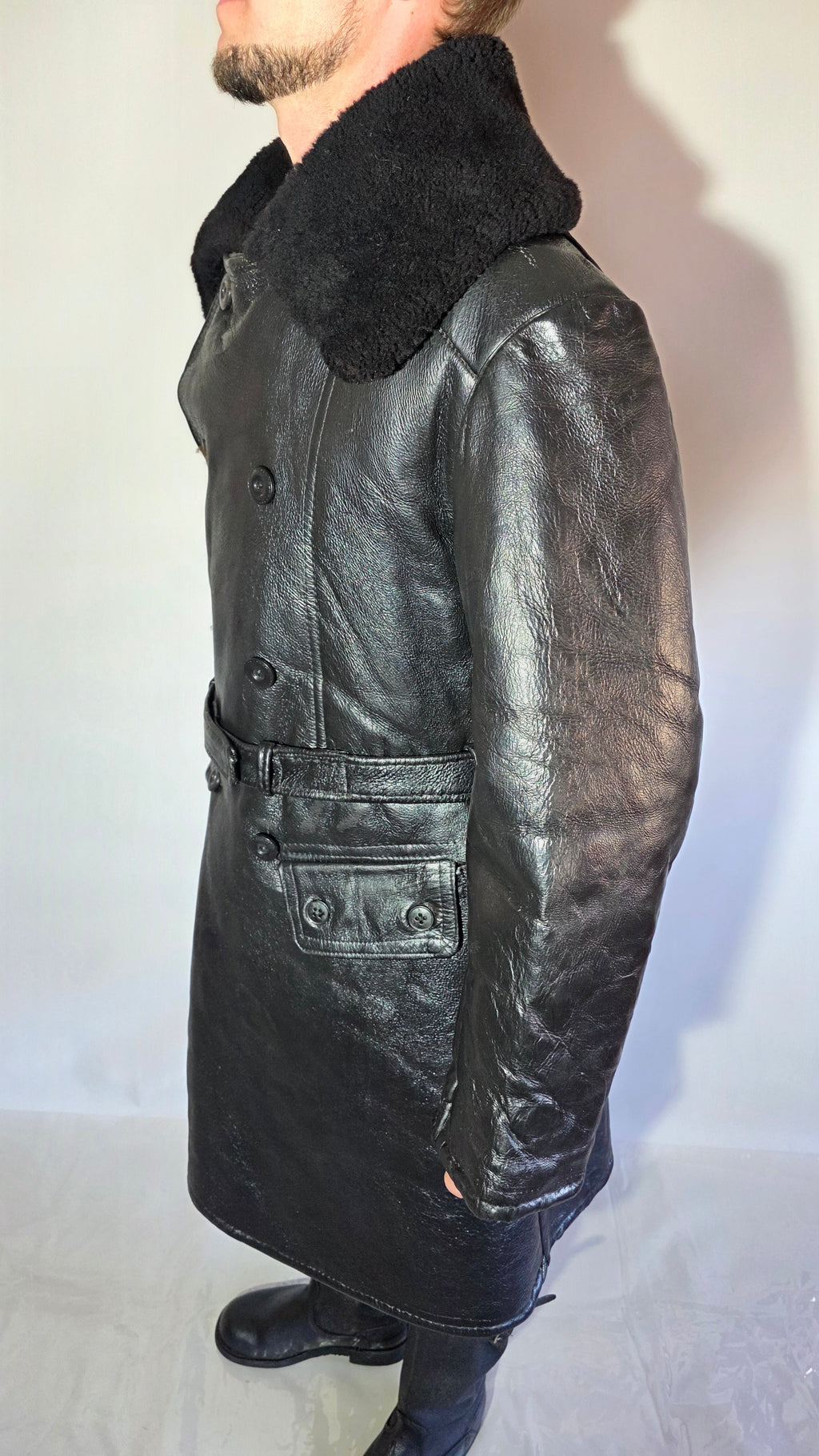 Soviet USSR VMF Admiral Leather Tulup Black Long Winter Coat Karakul Collar
