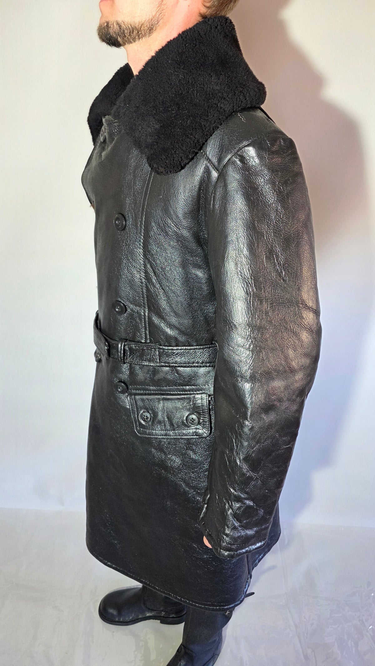Soviet USSR VMF Admiral Leather Tulup Black Long Winter Coat Karakul Collar