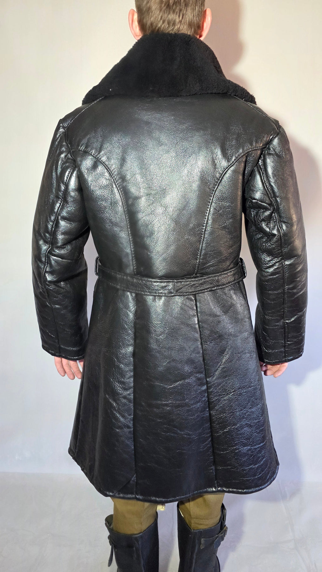 Soviet USSR VMF Admiral Leather Tulup Black Long Winter Coat Karakul Collar