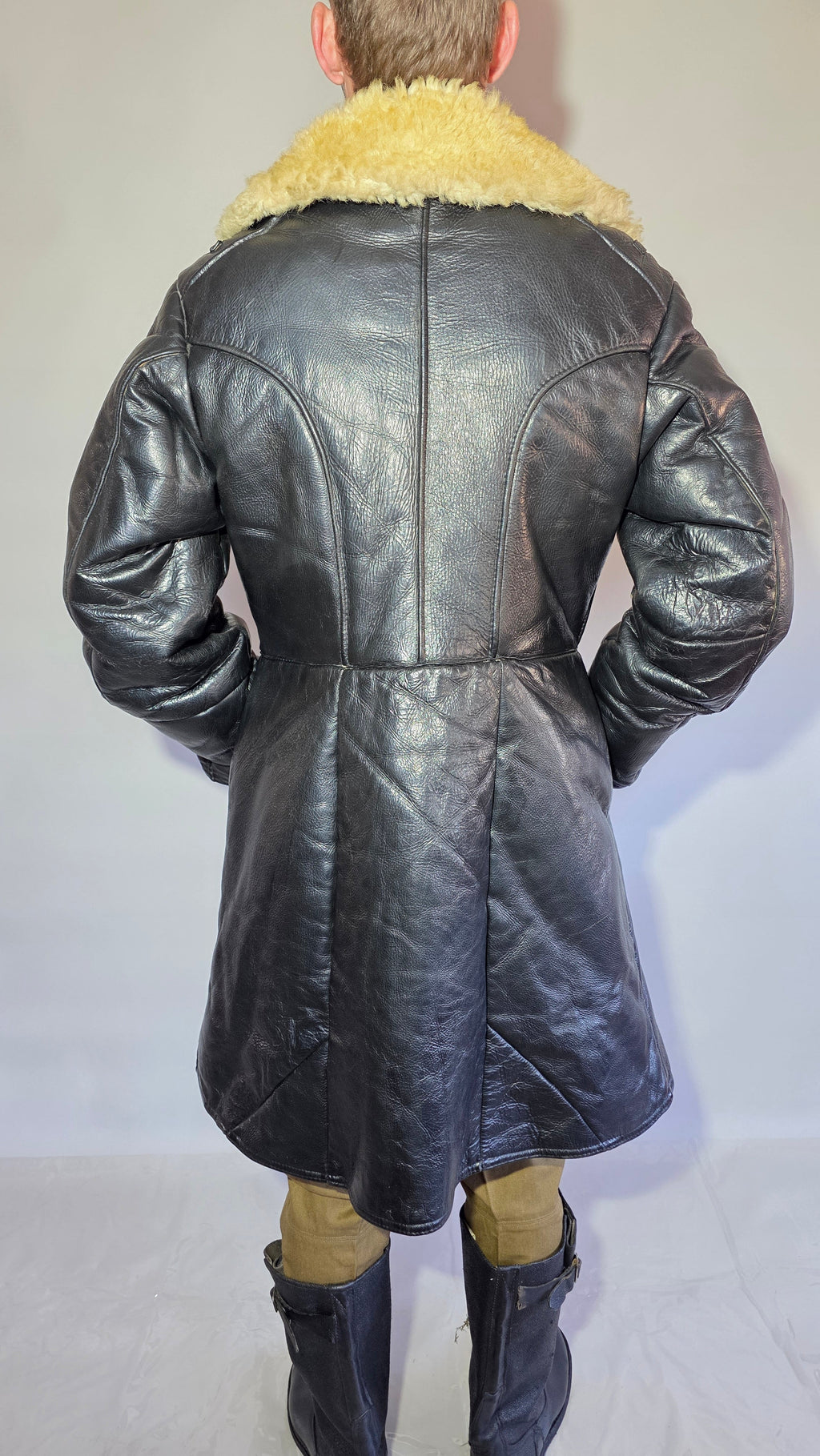 Soviet USSR VMF Bekesha Black Leather Natural Sheepskin Long Winter Coat