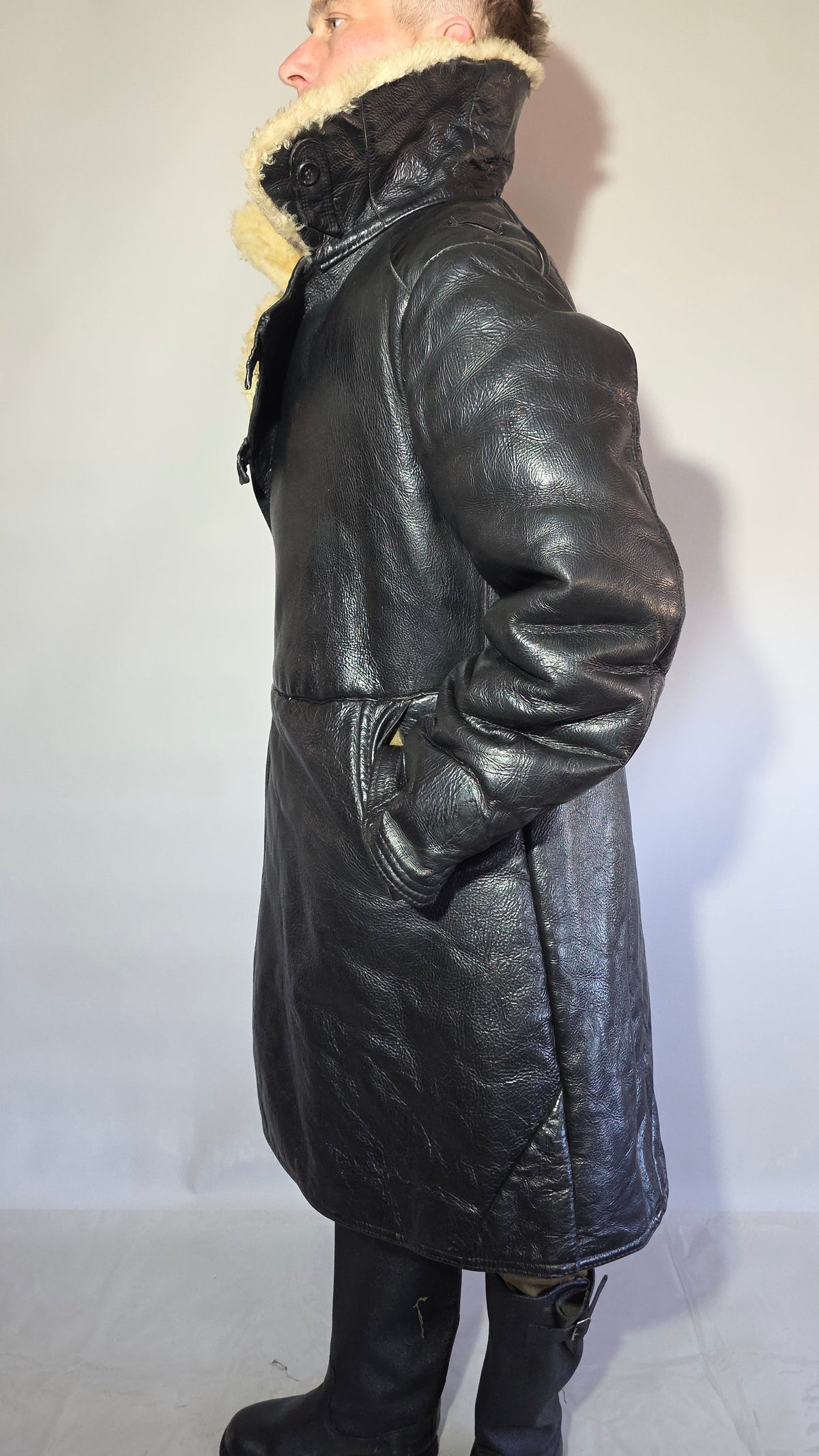 Soviet USSR VMF Bekesha Black Leather Natural Sheepskin Long Winter Coat