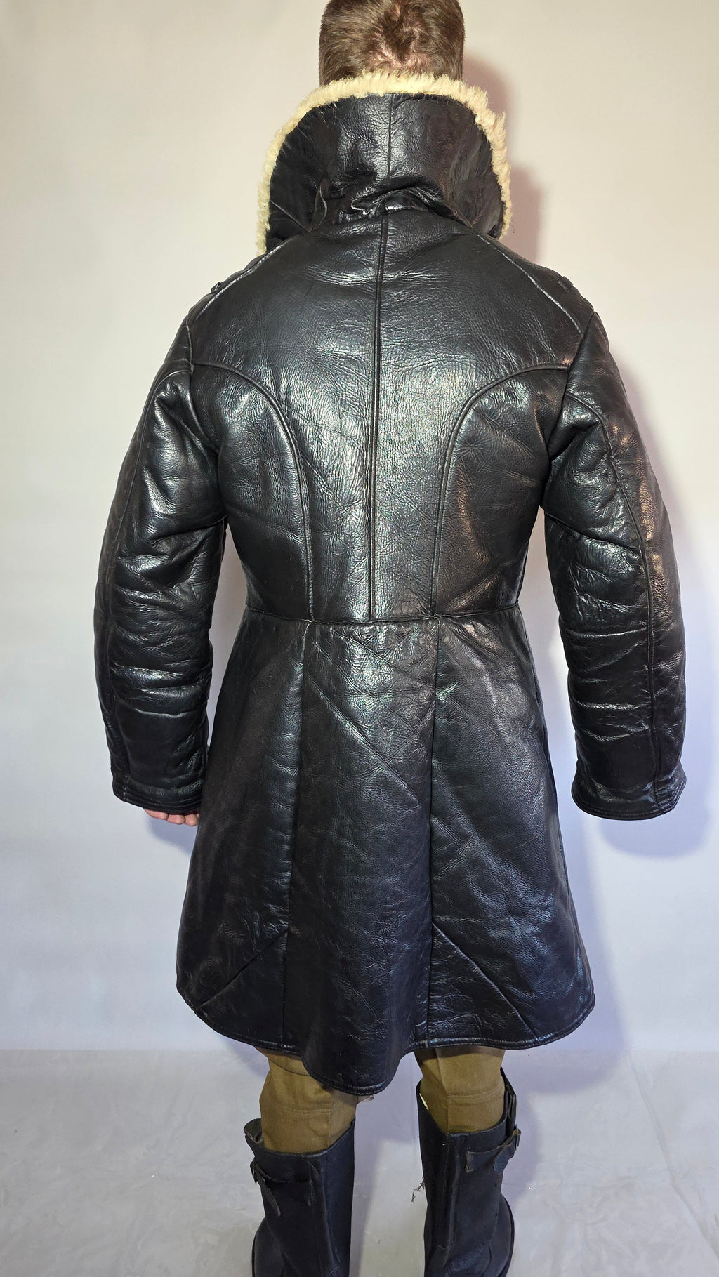 Soviet USSR VMF Bekesha Black Leather Natural Sheepskin Long Winter Coat