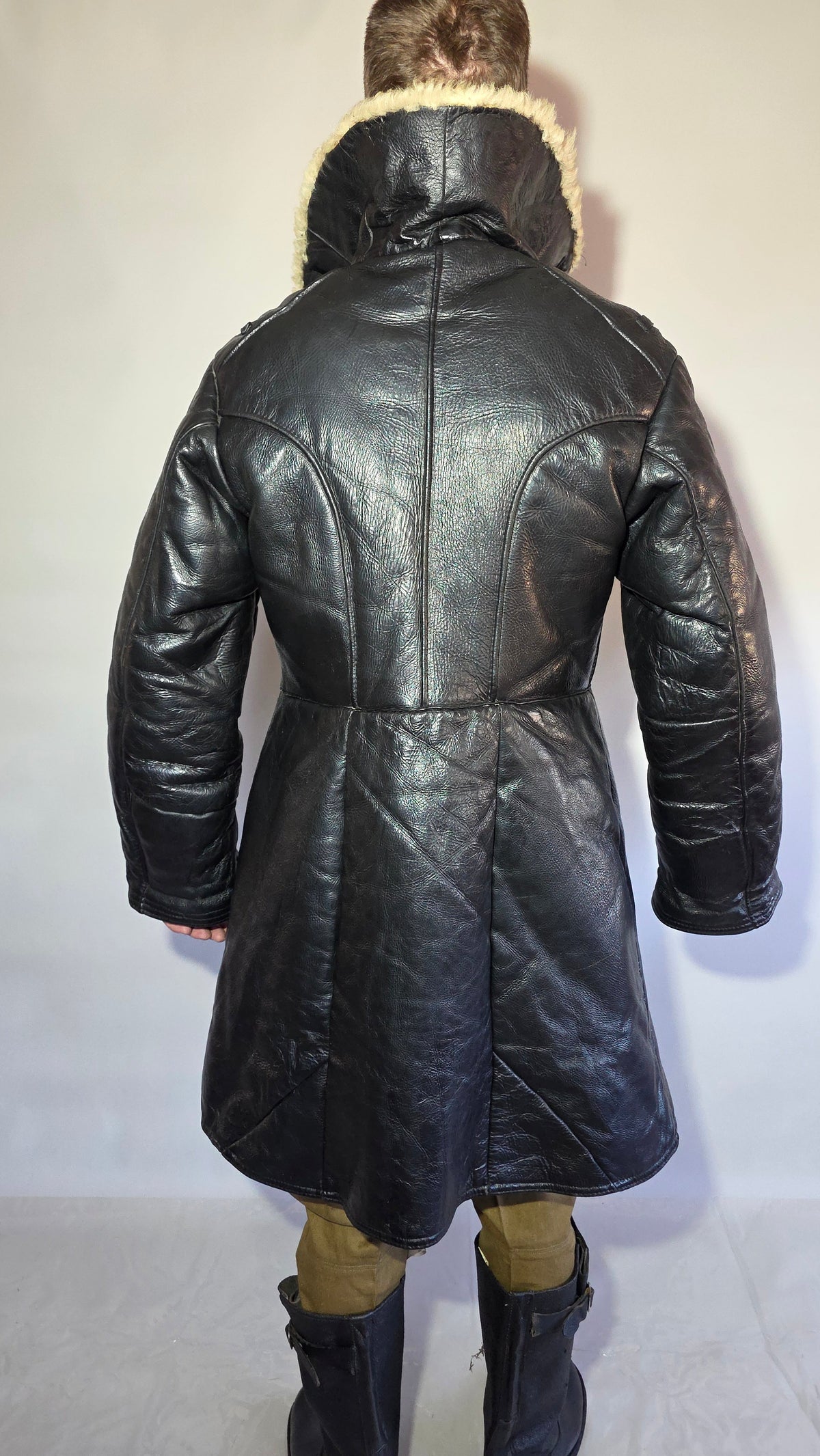 Soviet USSR VMF Bekesha Black Leather Natural Sheepskin Long Winter Coat