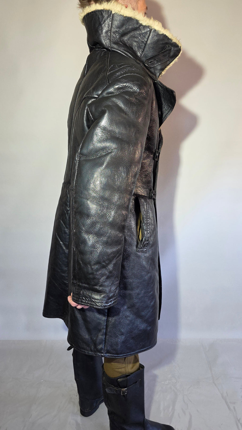 Soviet USSR VMF Bekesha Black Leather Natural Sheepskin Long Winter Coat