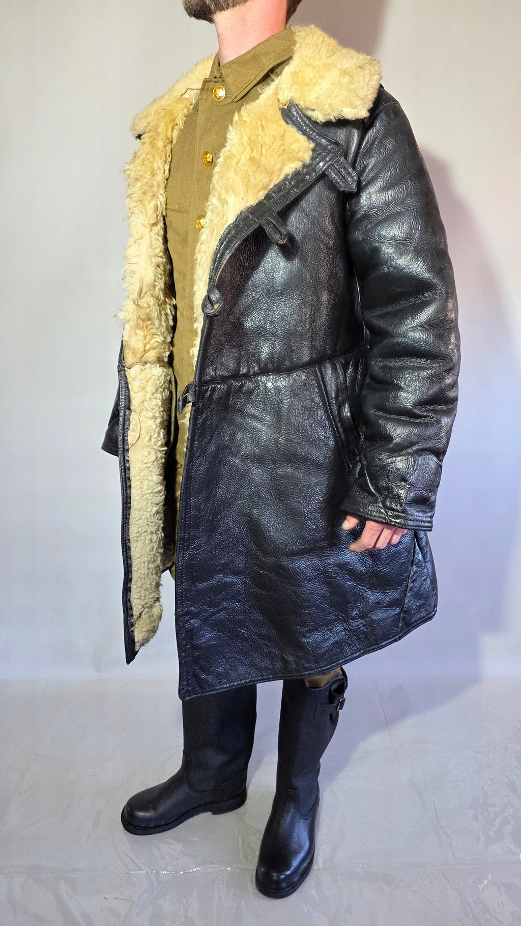 Soviet USSR VMF Bekesha Black Leather Natural Sheepskin Long Winter Coat