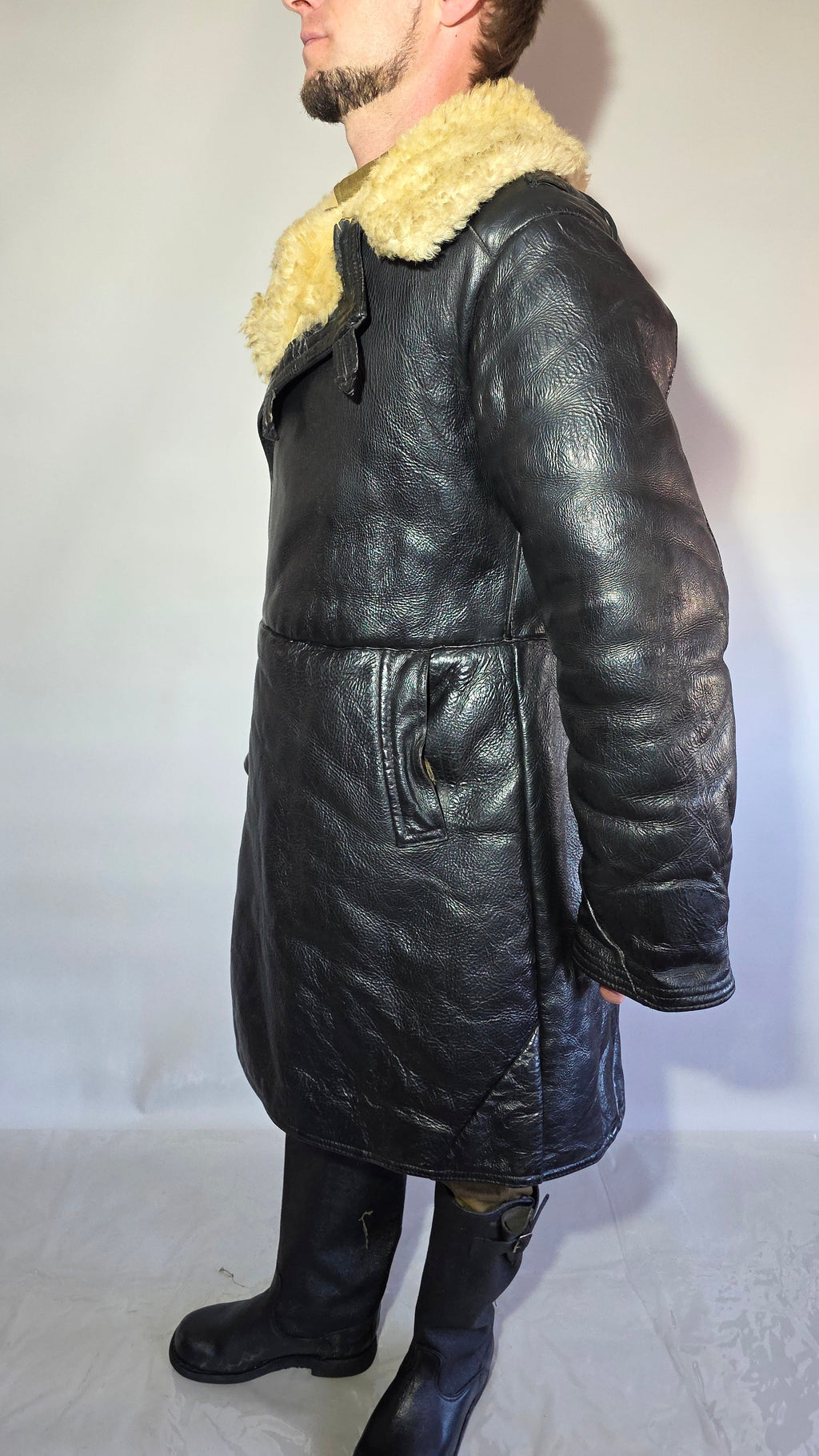 Soviet USSR VMF Bekesha Black Leather Natural Sheepskin Long Winter Coat