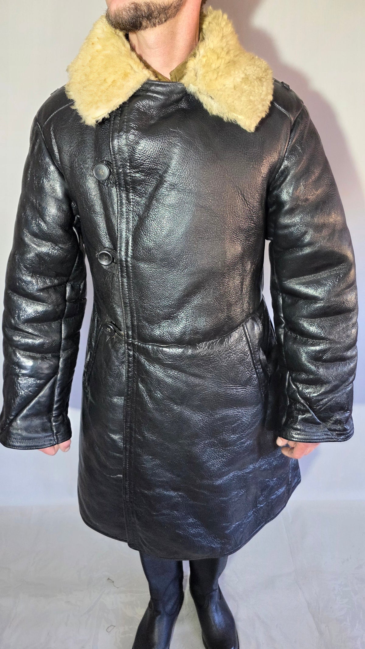 Soviet USSR VMF Bekesha Black Leather Natural Sheepskin Long Winter Coat