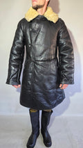Soviet USSR VMF Bekesha Black Leather Natural Sheepskin Long Winter Coat