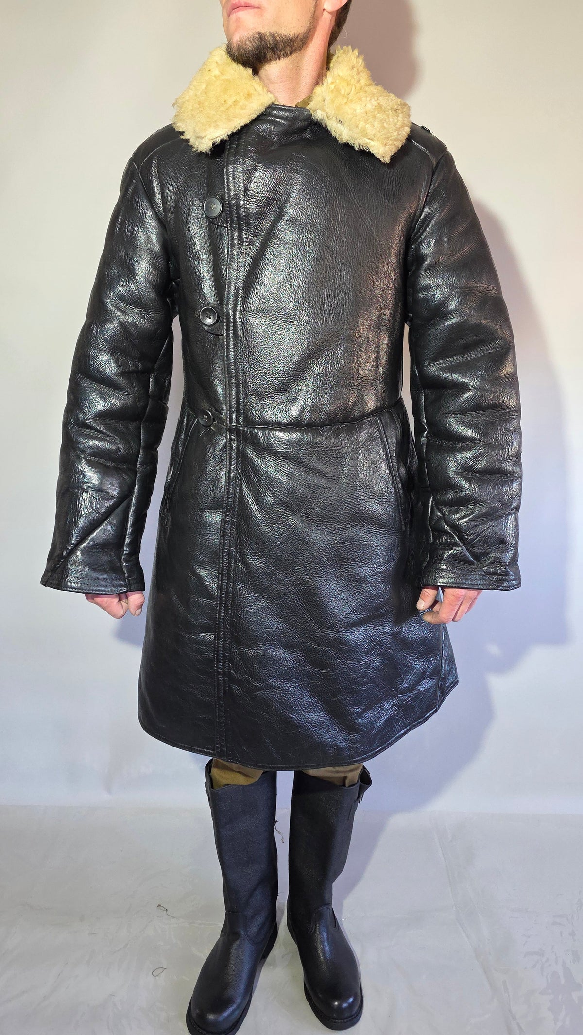 Soviet USSR VMF Bekesha Black Leather Natural Sheepskin Long Winter Coat