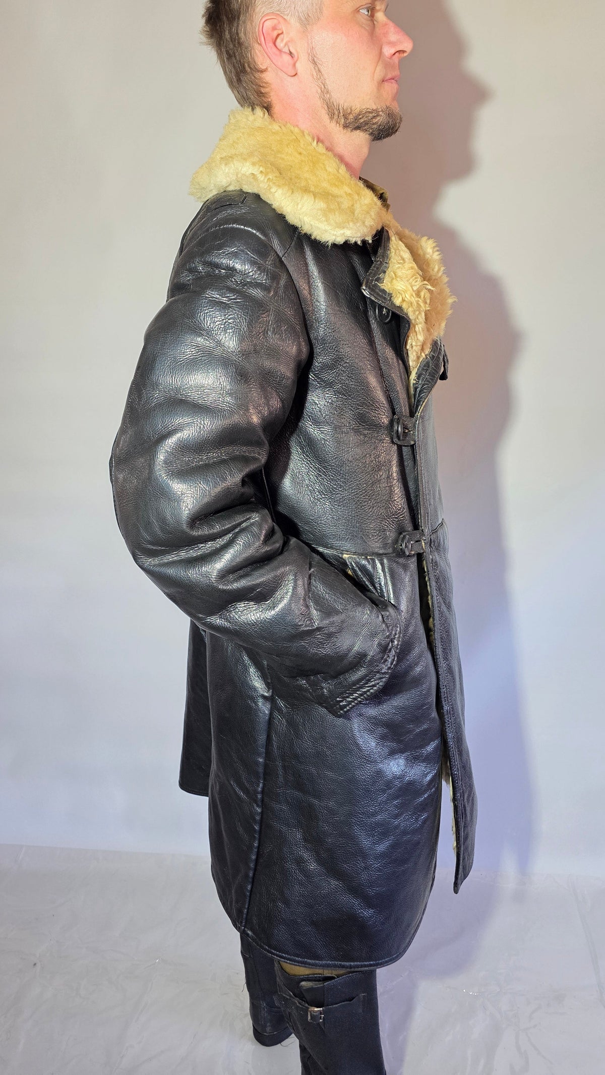 Soviet USSR VMF Bekesha Black Leather Natural Sheepskin Long Winter Coat