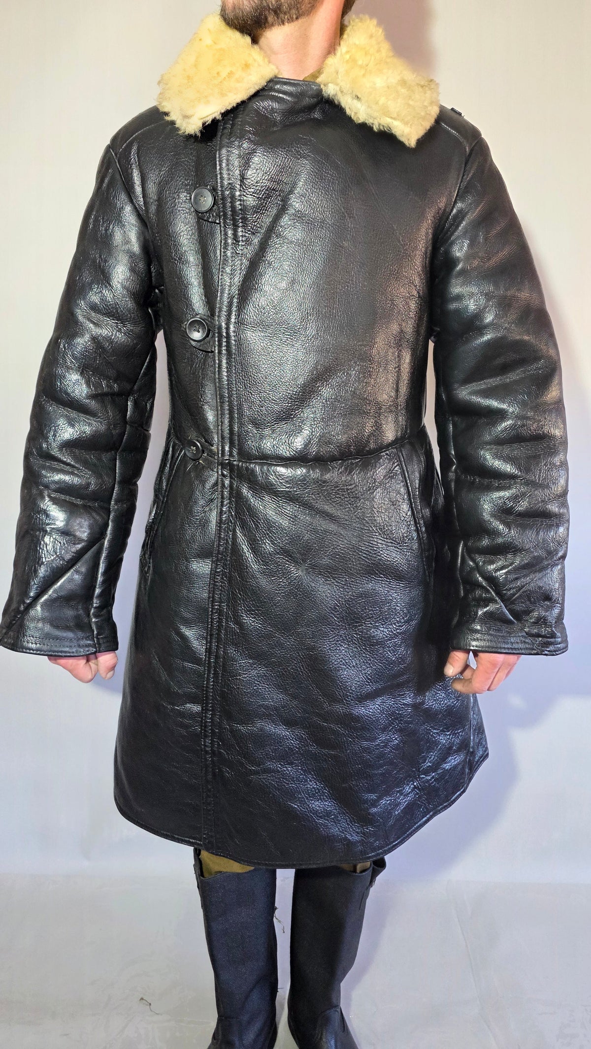 Soviet USSR VMF Bekesha Black Leather Natural Sheepskin Long Winter Coat