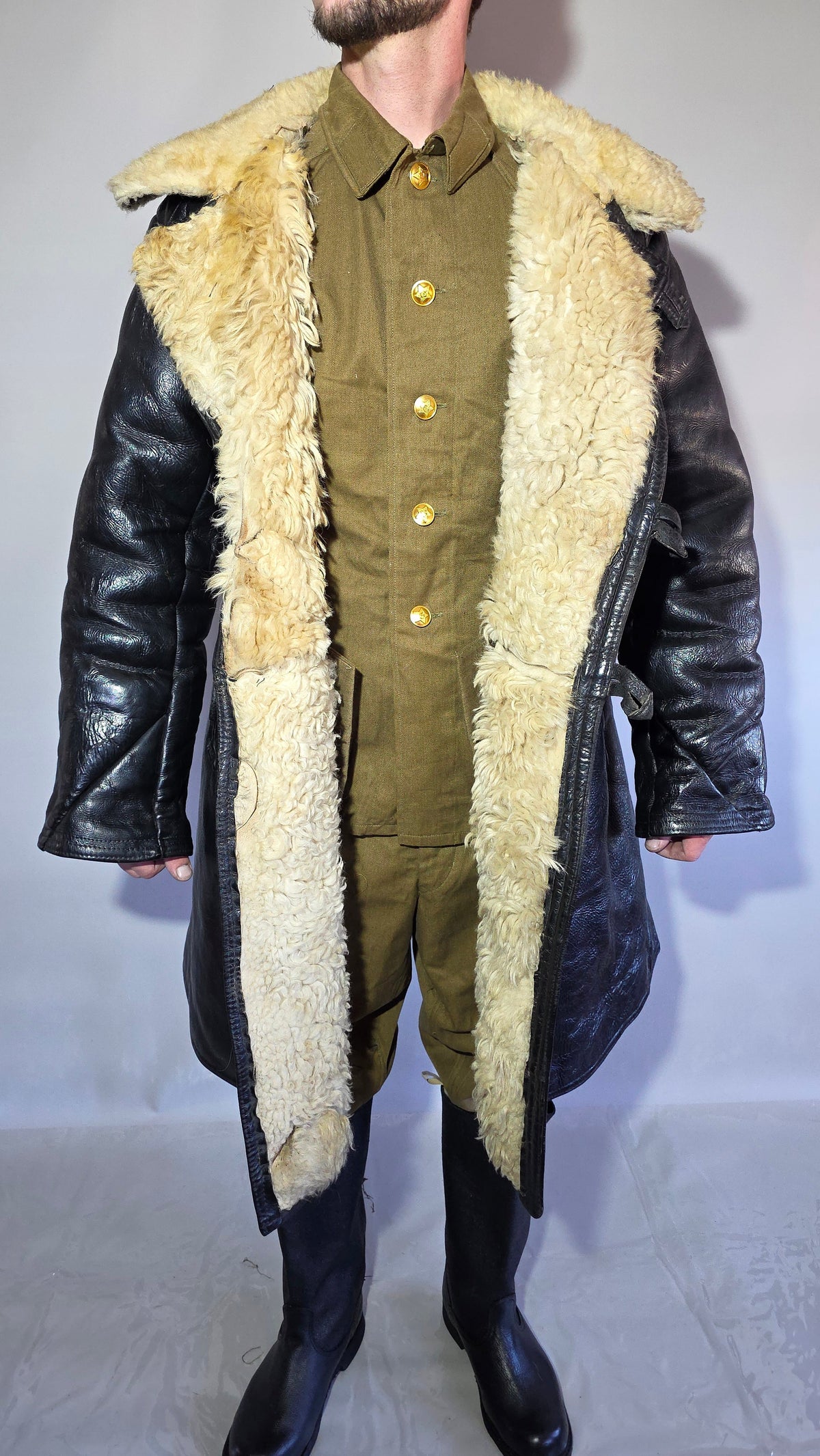 Soviet USSR VMF Bekesha Black Leather Natural Sheepskin Long Winter Coat