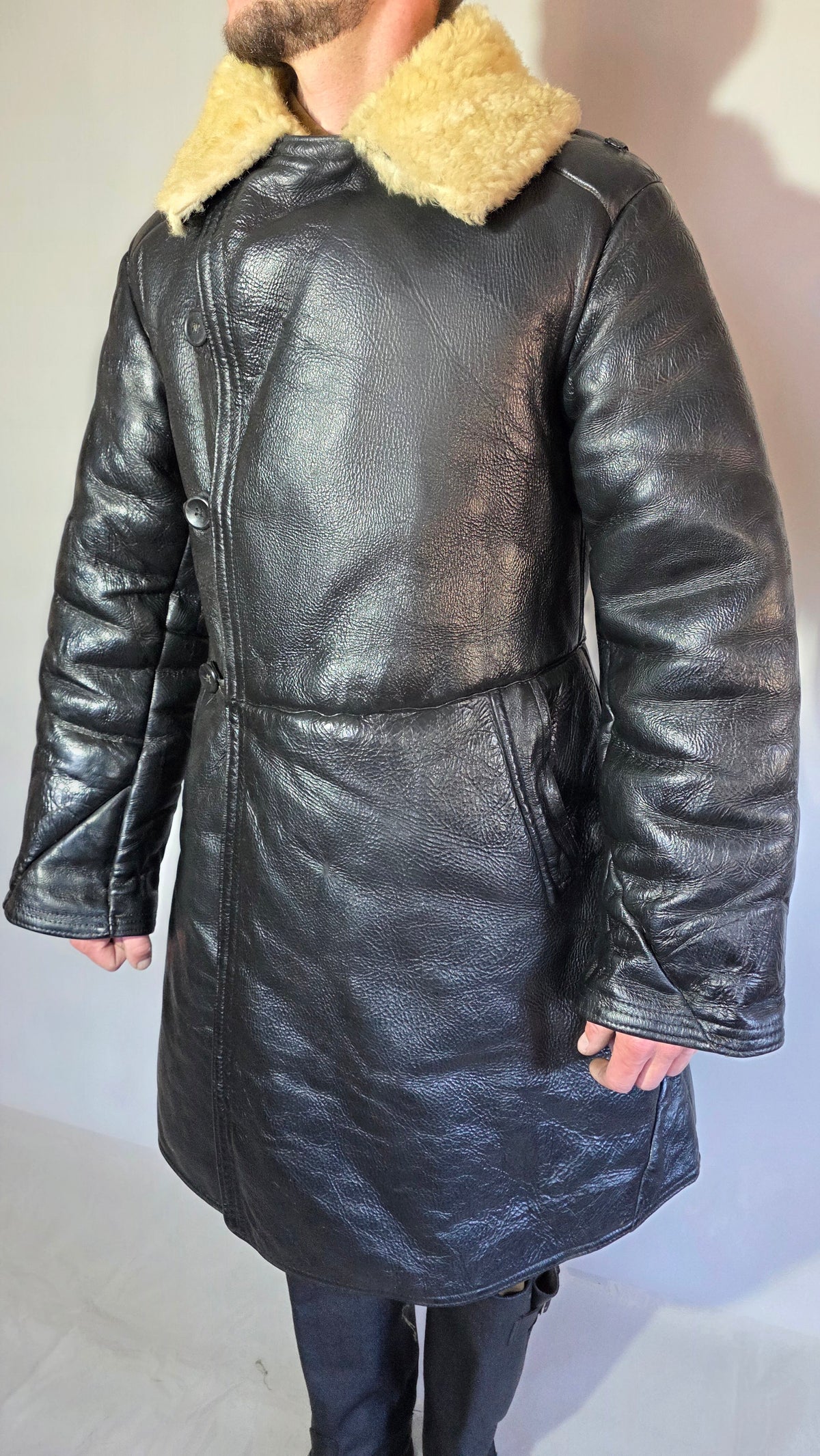 Soviet USSR VMF Bekesha Black Leather Natural Sheepskin Long Winter Coat