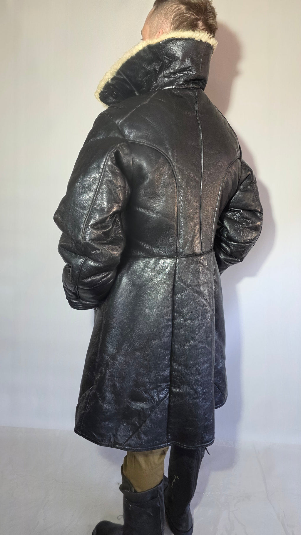 Soviet USSR VMF Bekesha Black Leather Natural Sheepskin Long Winter Coat