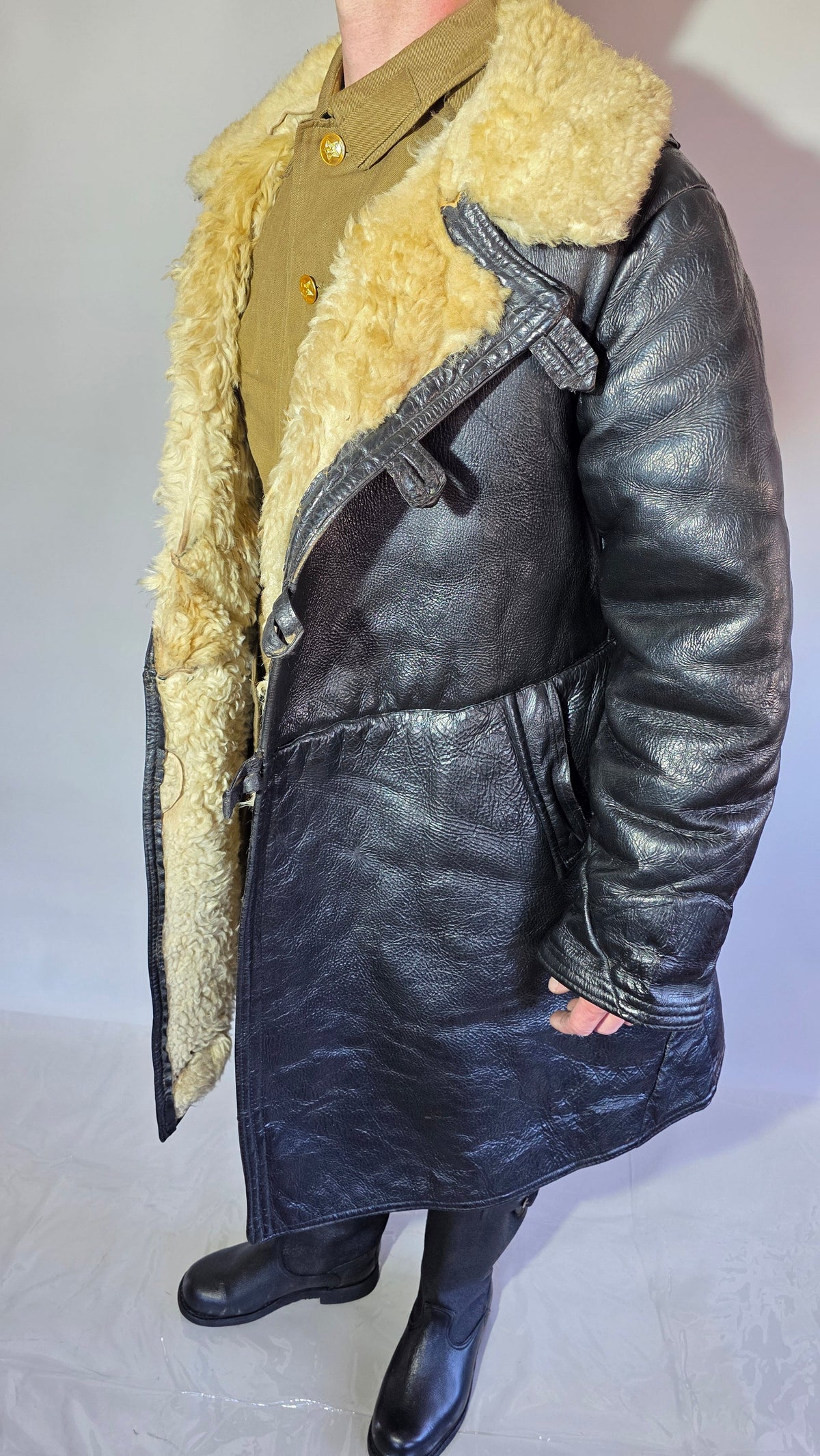 Soviet USSR VMF Bekesha Black Leather Natural Sheepskin Long Winter Coat