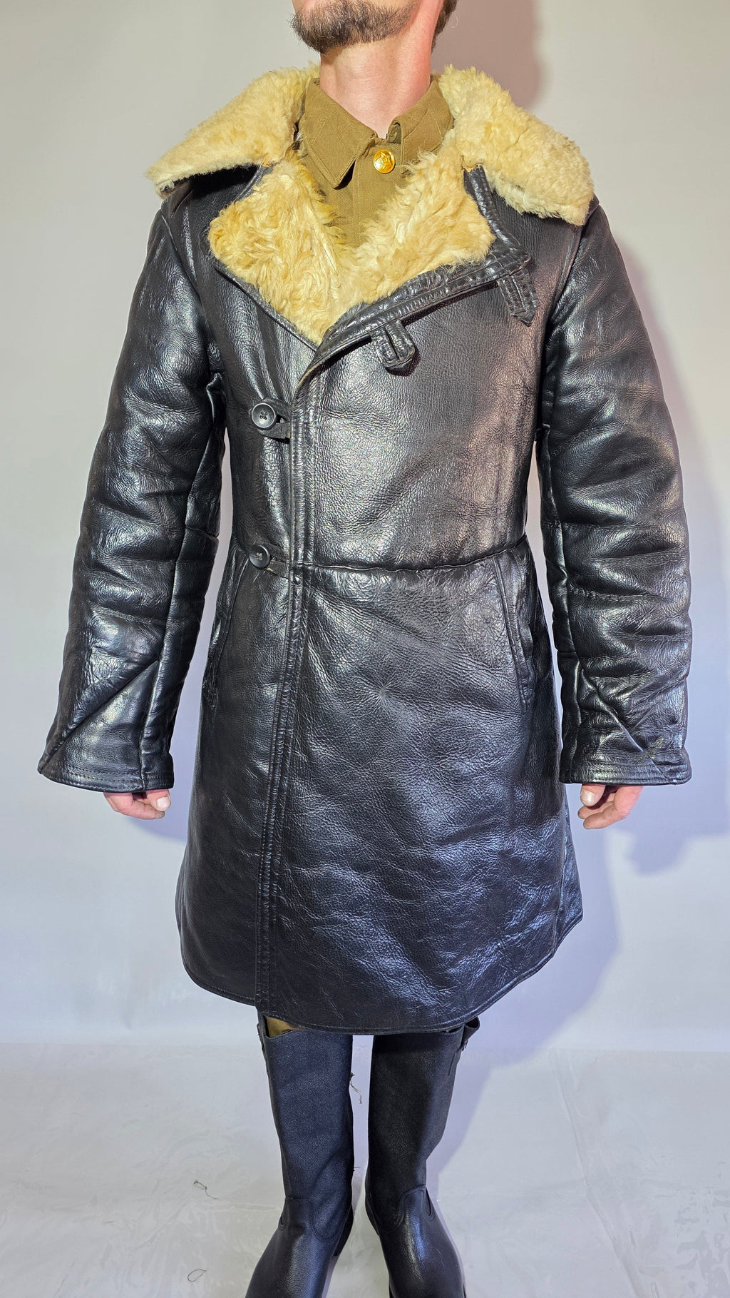 Soviet USSR VMF Bekesha Black Leather Natural Sheepskin Long Winter Coat