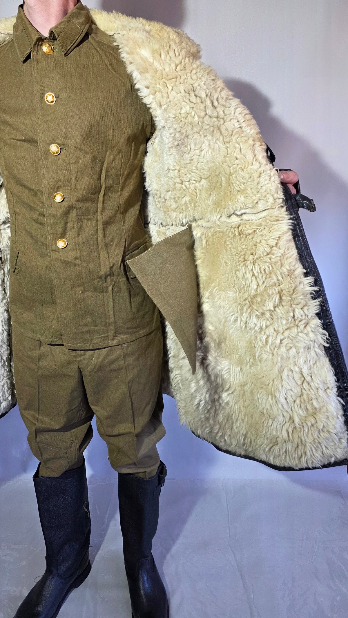 Soviet USSR VMF Bekesha Black Leather Natural Sheepskin Long Winter Coat