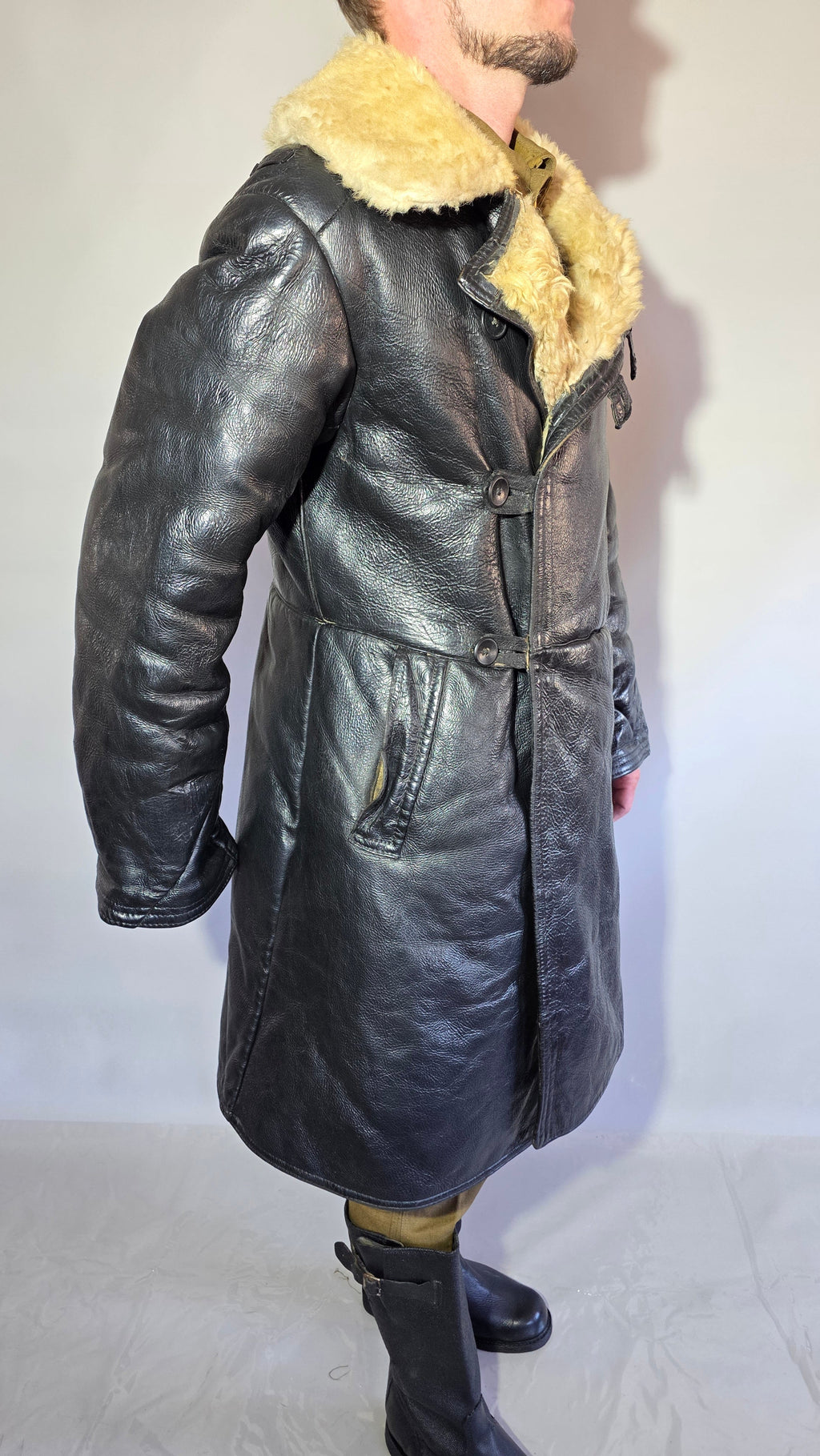 Soviet USSR VMF Bekesha Black Leather Natural Sheepskin Long Winter Coat