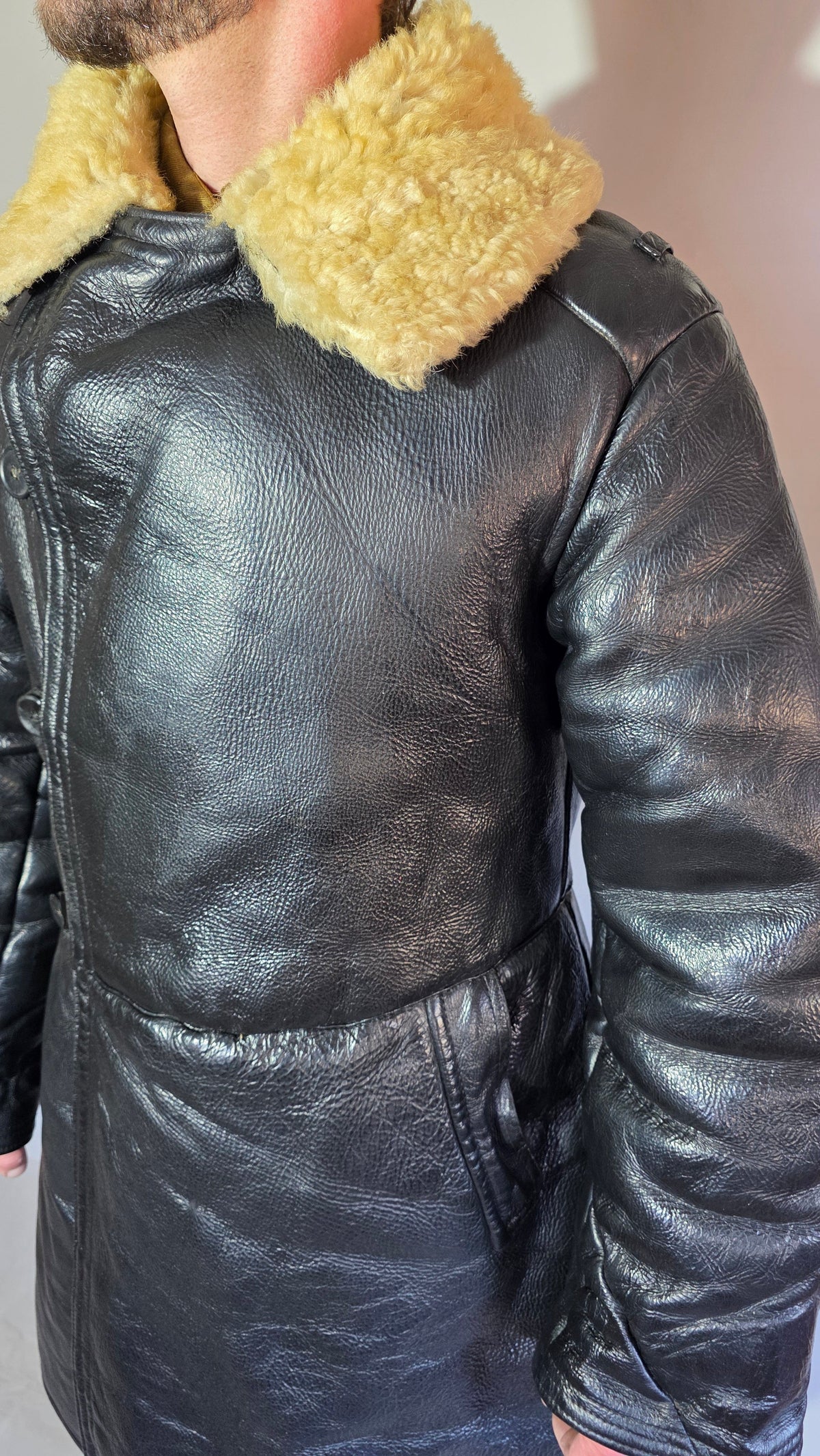 Soviet USSR VMF Bekesha Black Leather Natural Sheepskin Long Winter Coat