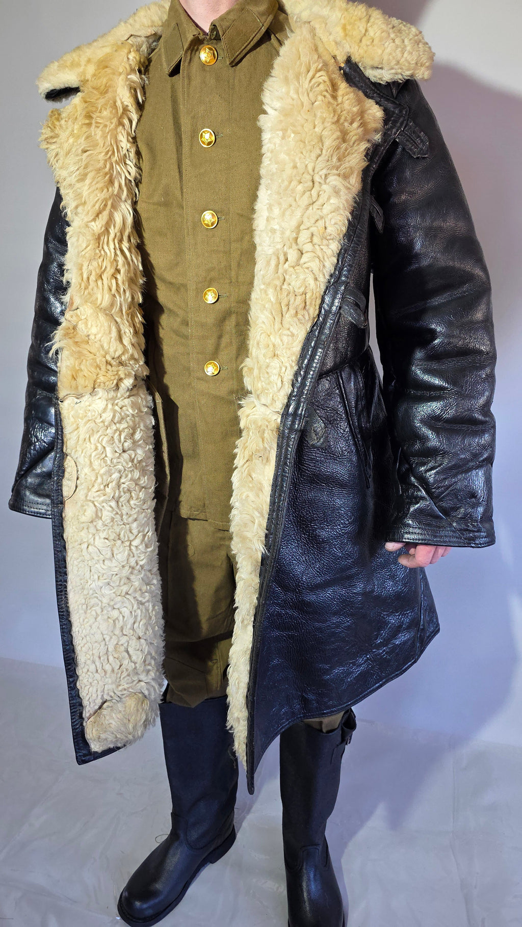 Soviet USSR VMF Bekesha Black Leather Natural Sheepskin Long Winter Coat