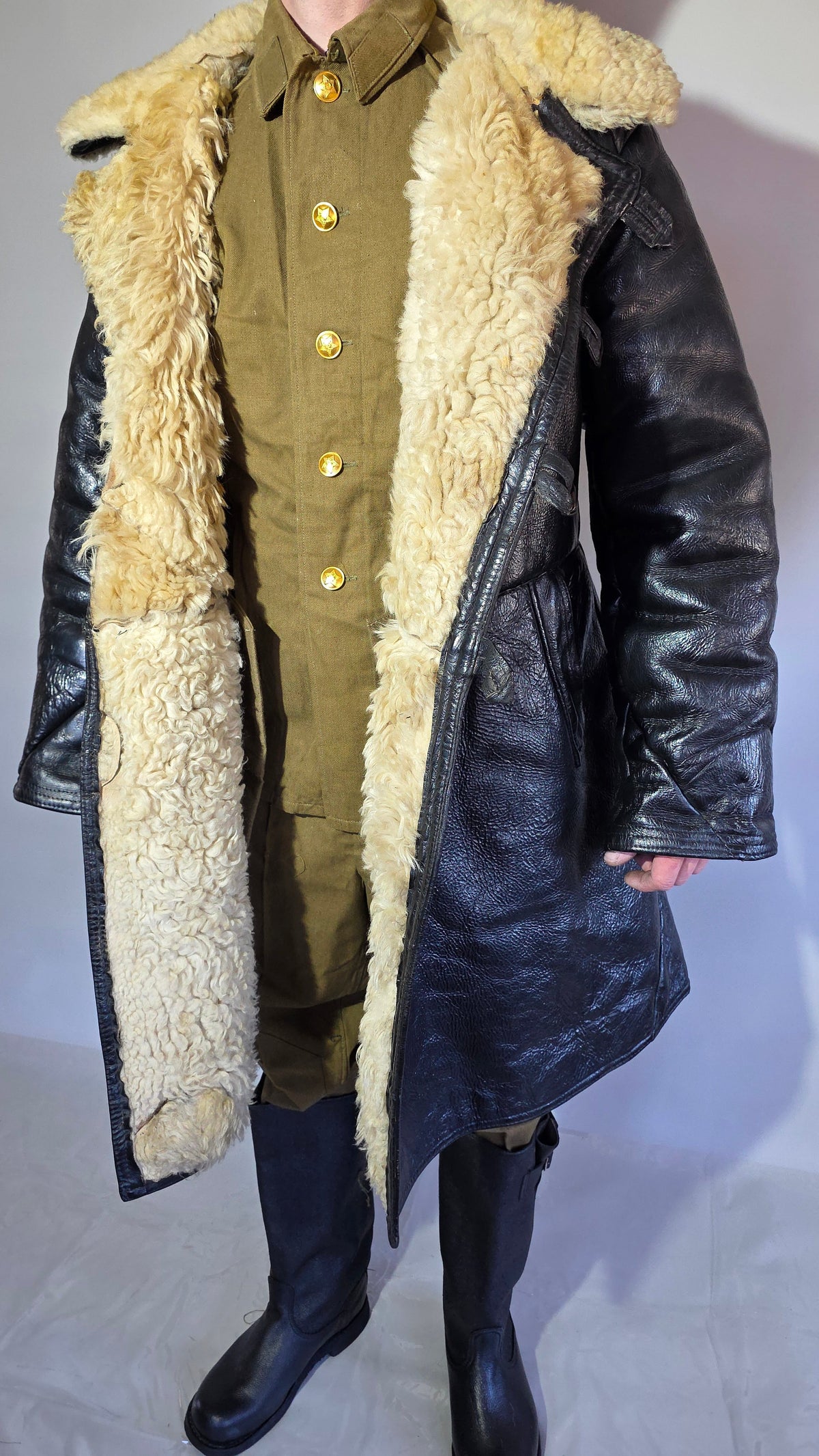Soviet USSR VMF Bekesha Black Leather Natural Sheepskin Long Winter Coat