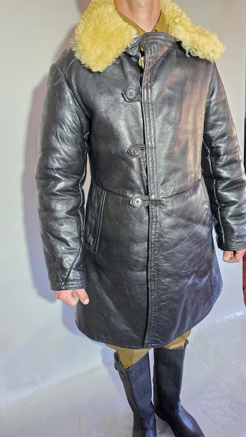Soviet USSR VMF Bekesha Black Leather Natural Sheepskin Winter Naval Coat