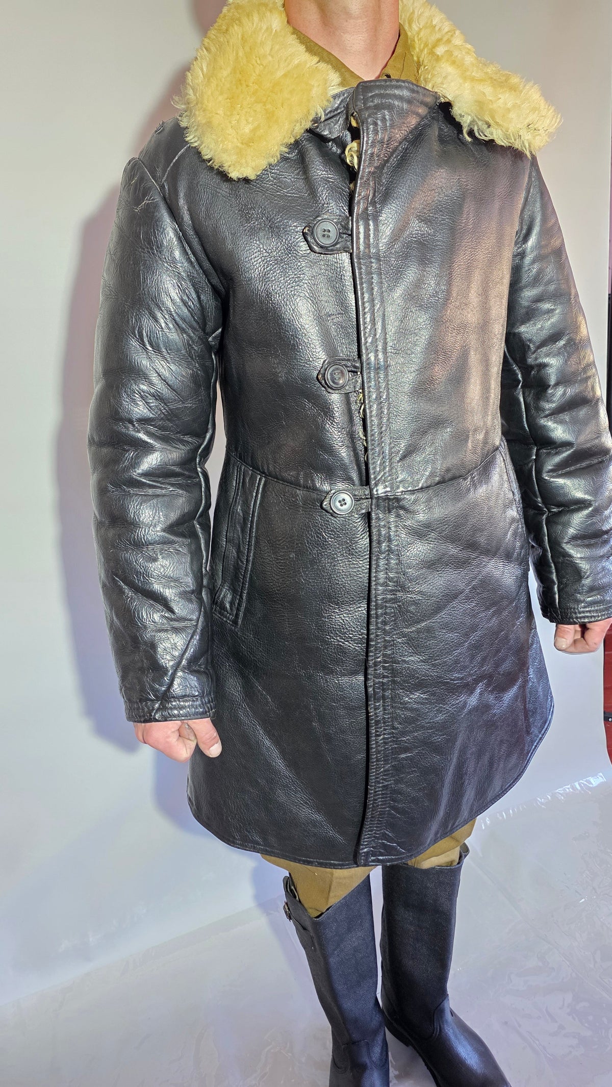 Soviet USSR VMF Bekesha Black Leather Natural Sheepskin Winter Naval Coat