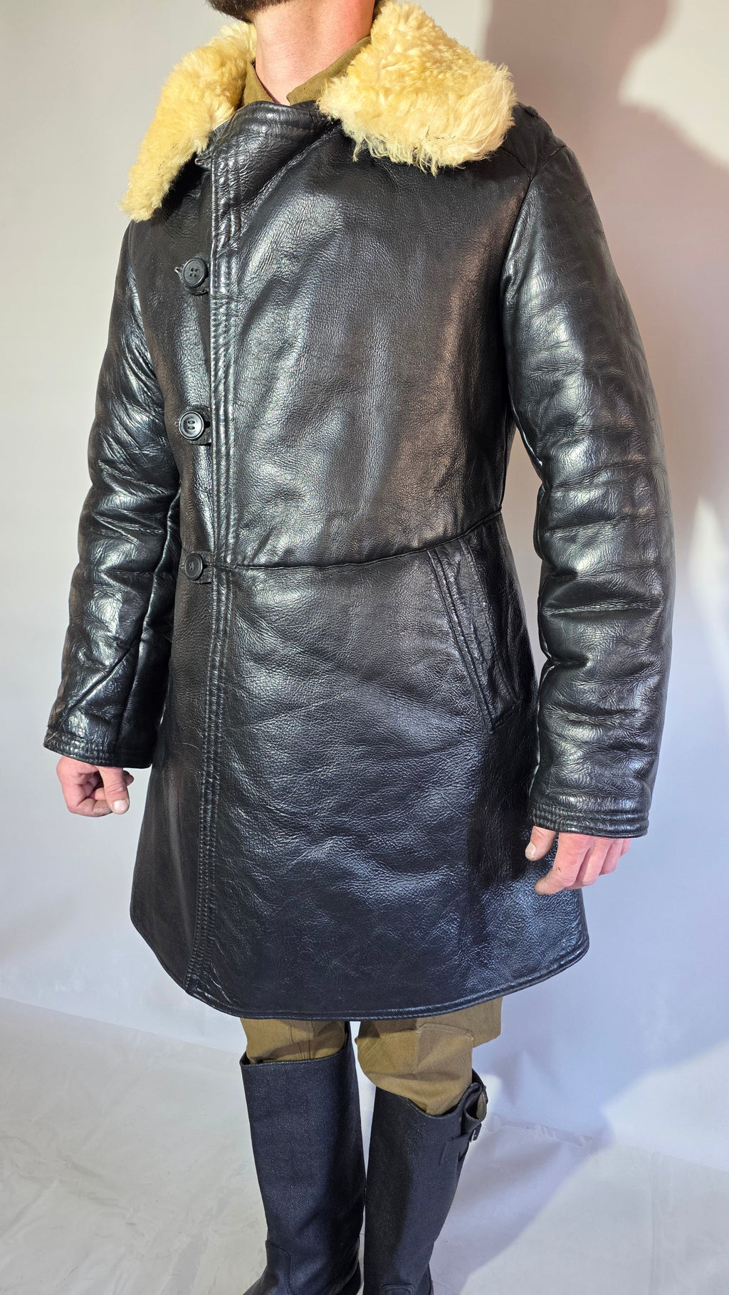 Soviet USSR VMF Bekesha Black Leather Natural Sheepskin Winter Naval Coat