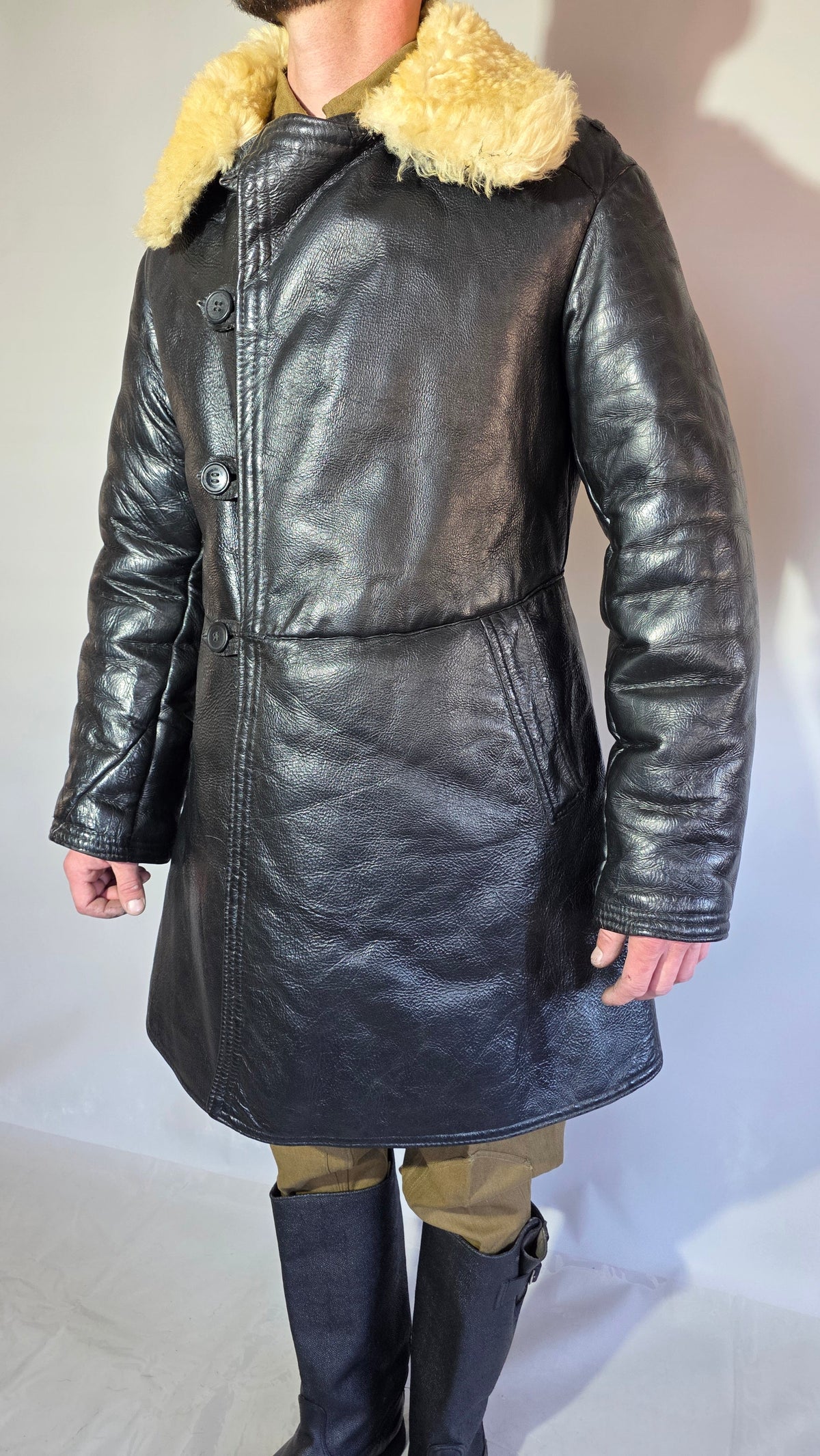 Soviet USSR VMF Bekesha Black Leather Natural Sheepskin Winter Naval Coat