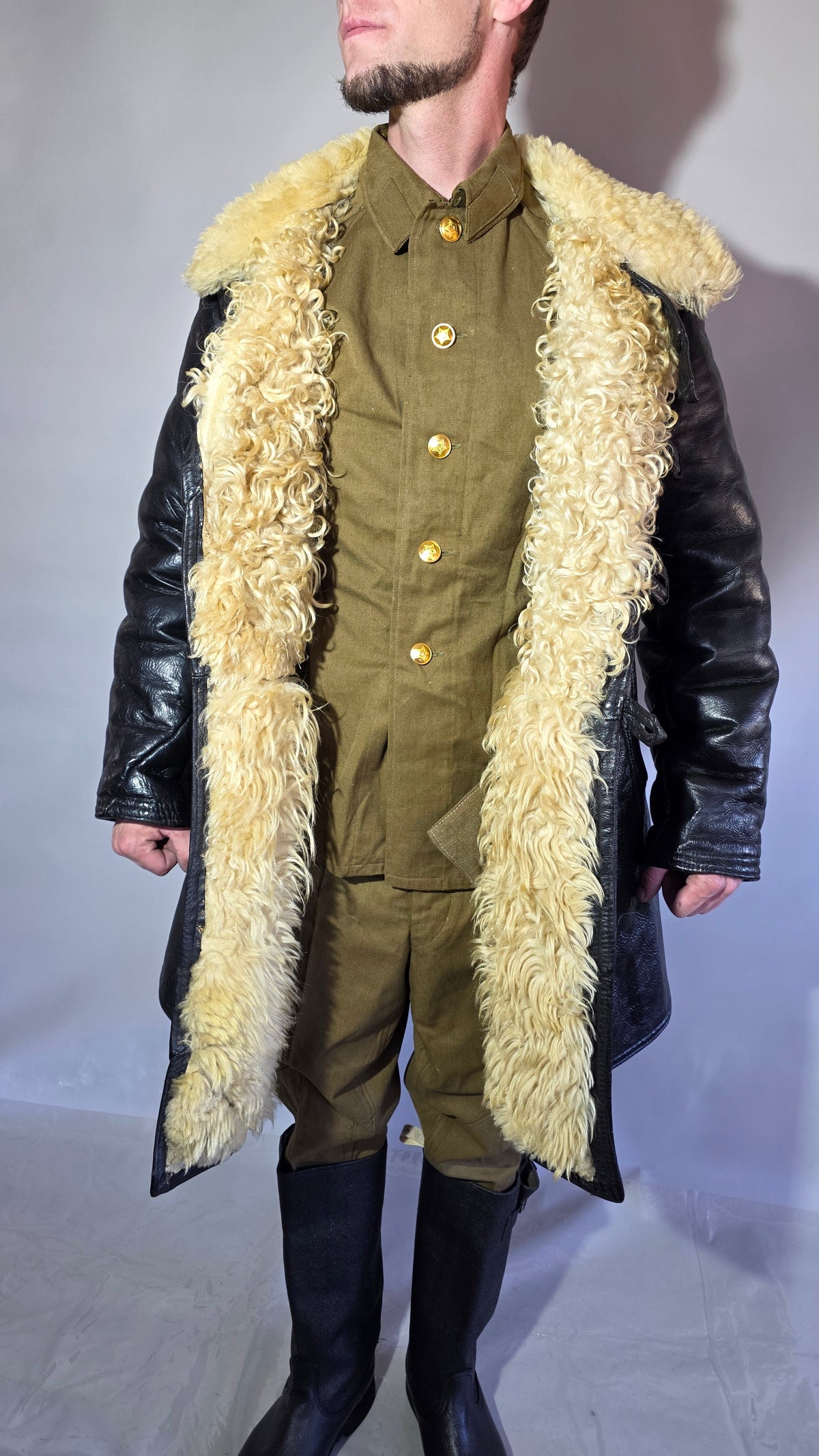 Soviet USSR VMF Bekesha Black Leather Natural Sheepskin Winter Naval Coat
