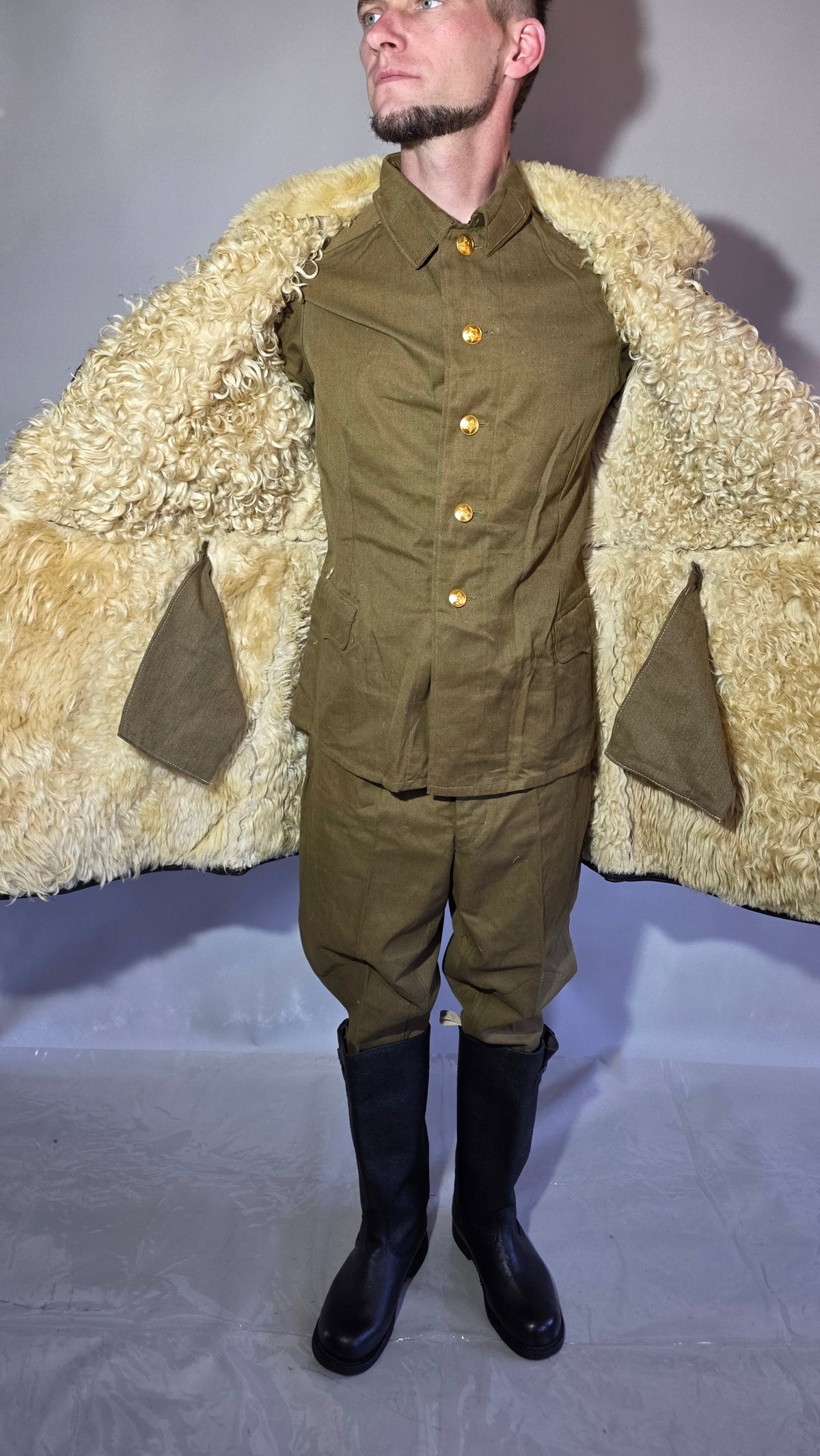 Soviet USSR VMF Bekesha Black Leather Natural Sheepskin Winter Naval Coat