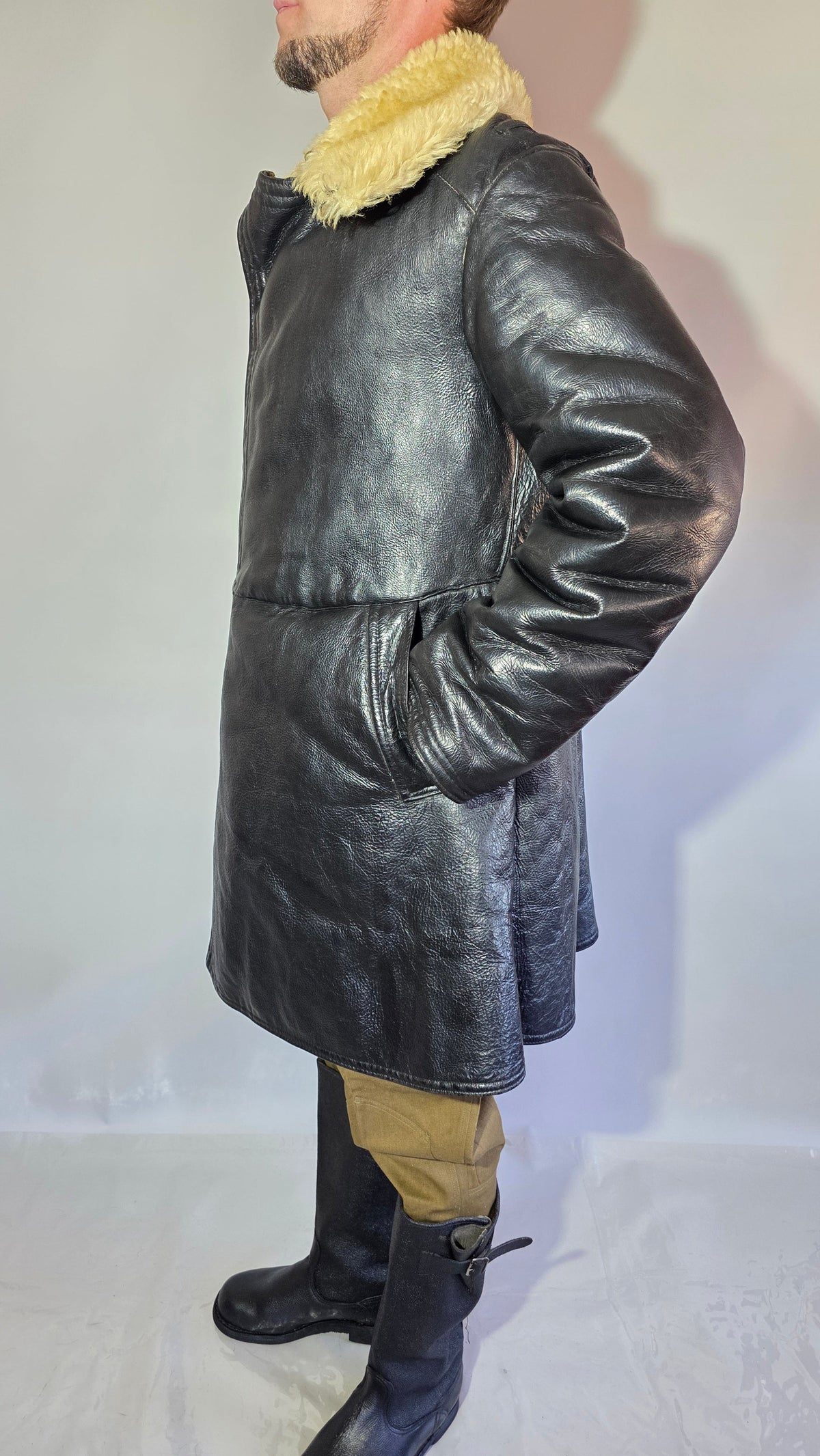 Soviet USSR VMF Bekesha Black Leather Natural Sheepskin Winter Naval Coat
