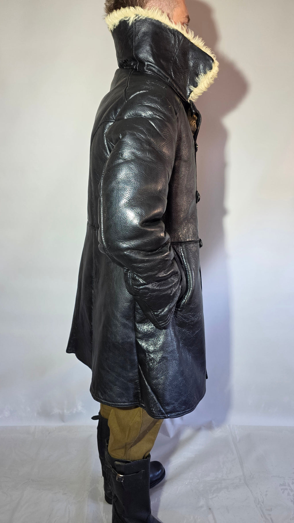 Soviet USSR VMF Bekesha Black Leather Natural Sheepskin Winter Naval Coat