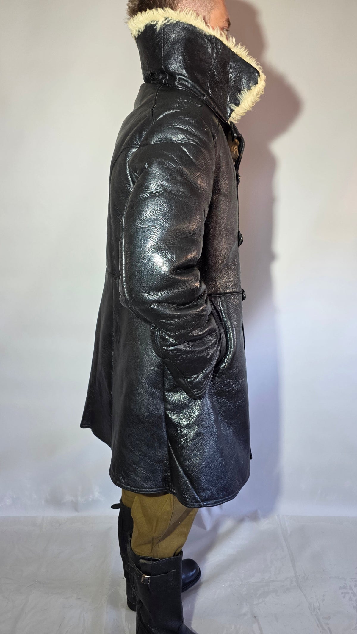 Soviet USSR VMF Bekesha Black Leather Natural Sheepskin Winter Naval Coat