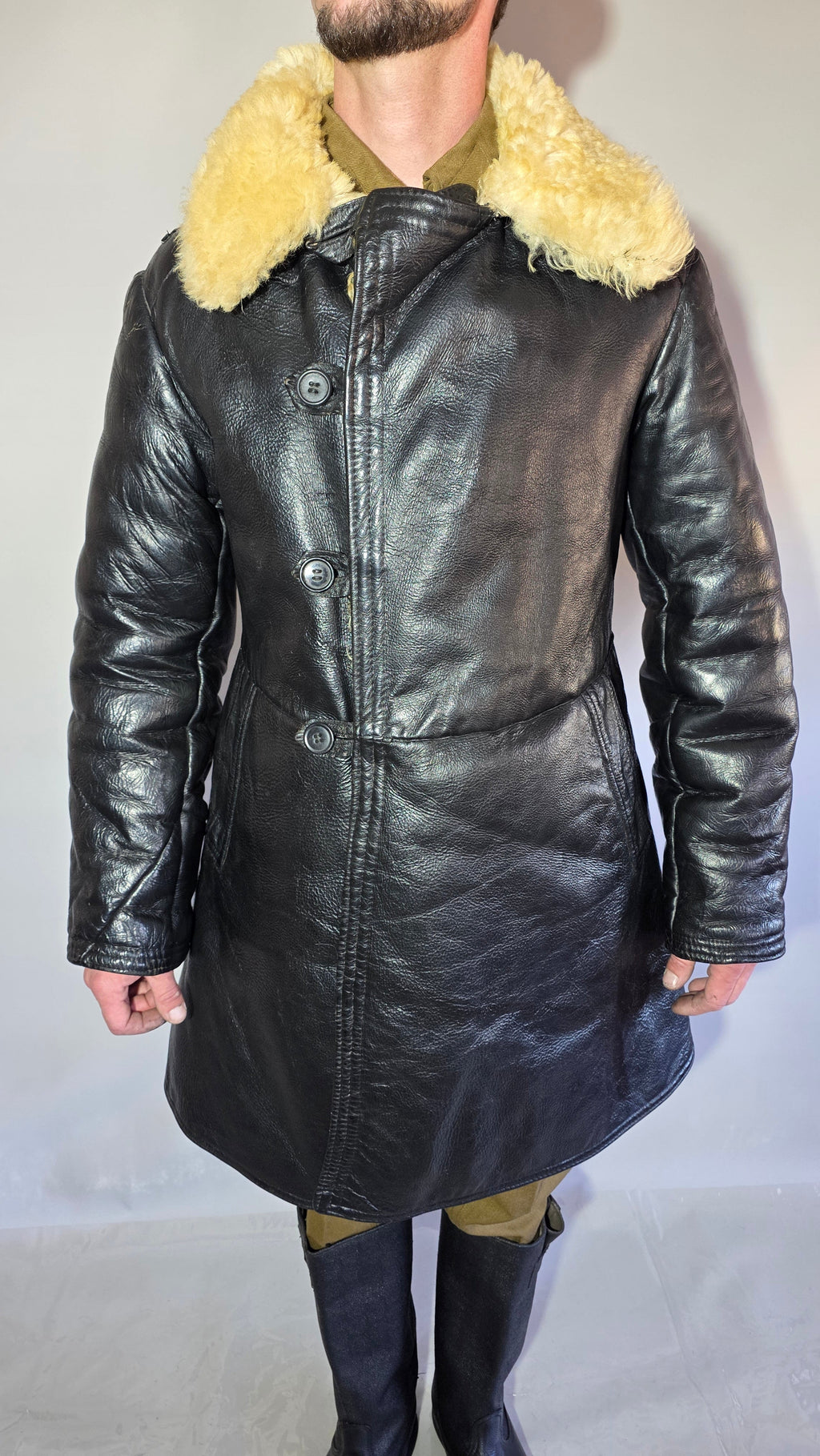 Soviet USSR VMF Bekesha Black Leather Natural Sheepskin Winter Naval Coat