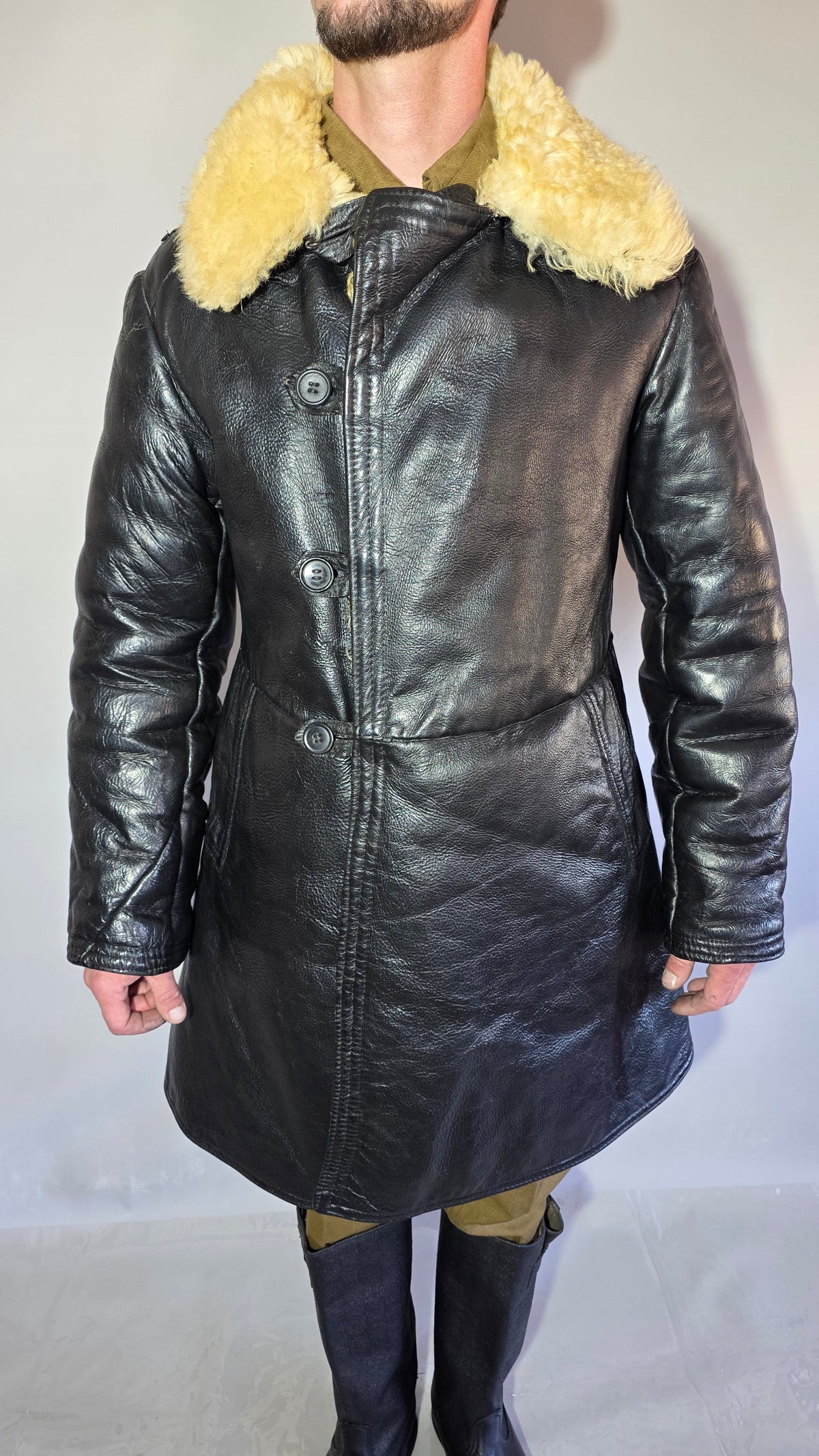 Soviet USSR VMF Bekesha Black Leather Natural Sheepskin Winter Naval Coat