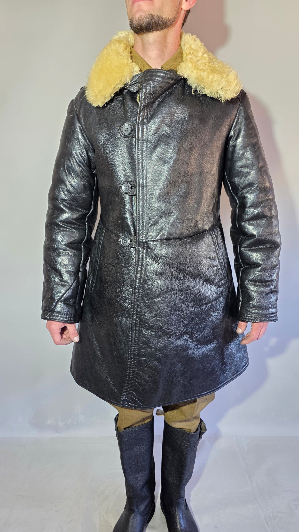 Soviet USSR VMF Bekesha Black Leather Natural Sheepskin Winter Naval Coat