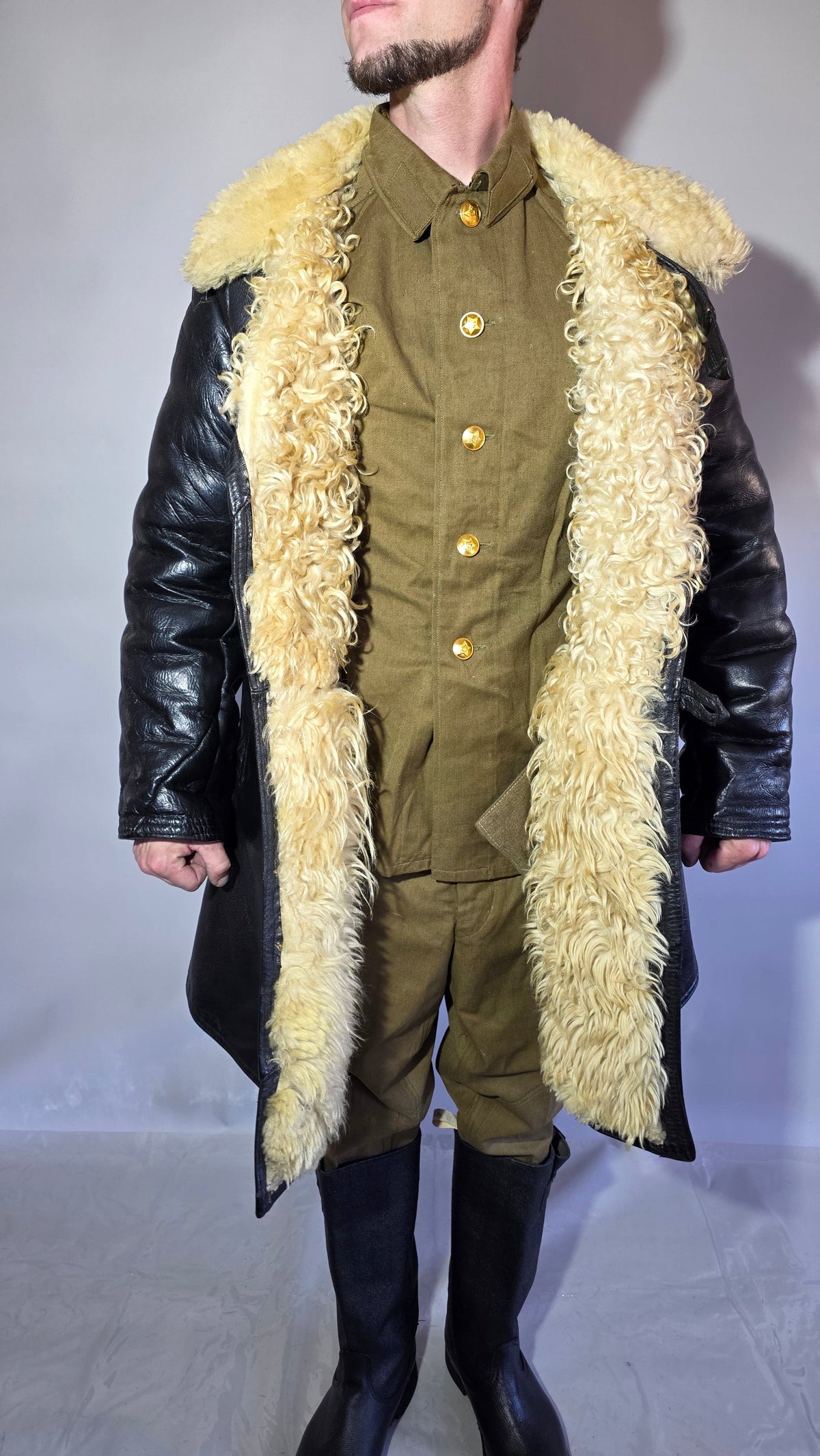 Soviet USSR VMF Bekesha Black Leather Natural Sheepskin Winter Naval Coat