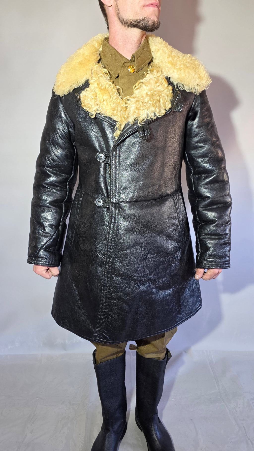 Soviet USSR VMF Bekesha Black Leather Natural Sheepskin Winter Naval Coat