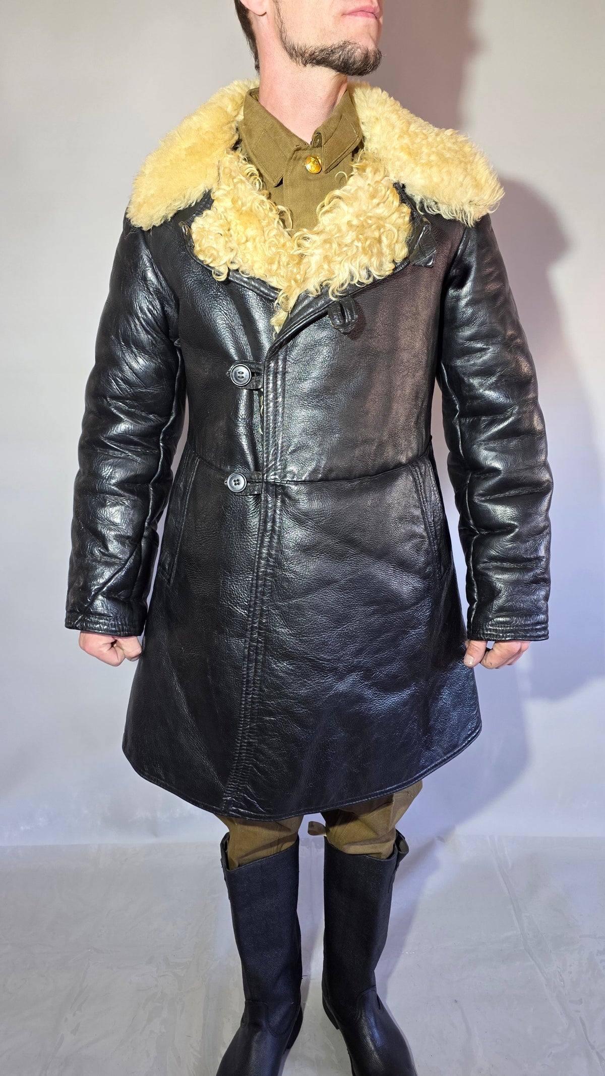 Soviet USSR VMF Bekesha Black Leather Natural Sheepskin Winter Naval Coat