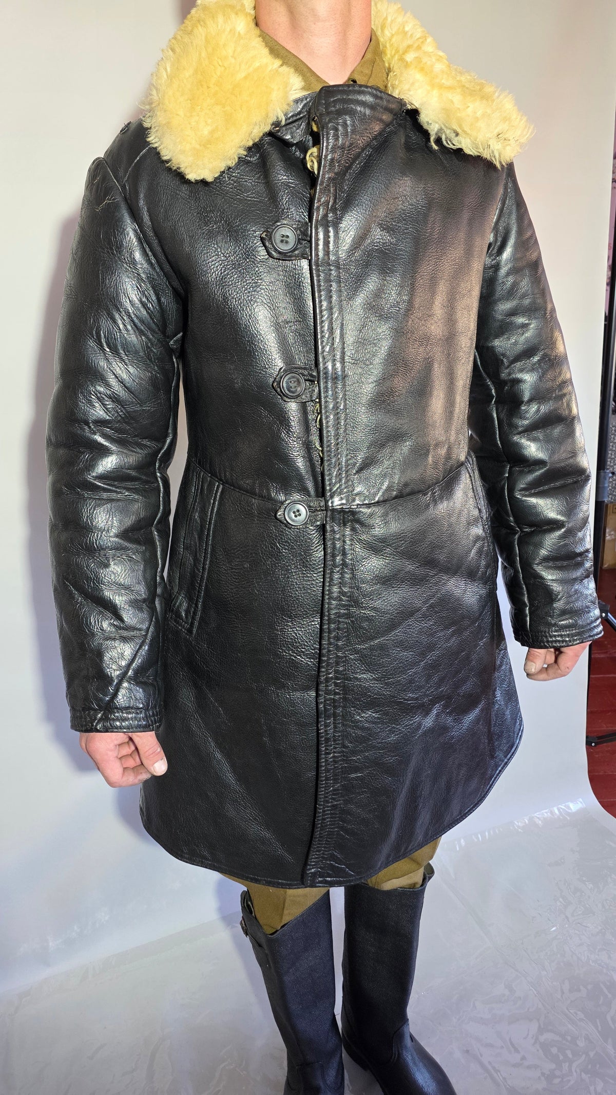 Soviet USSR VMF Bekesha Black Leather Natural Sheepskin Winter Naval Coat