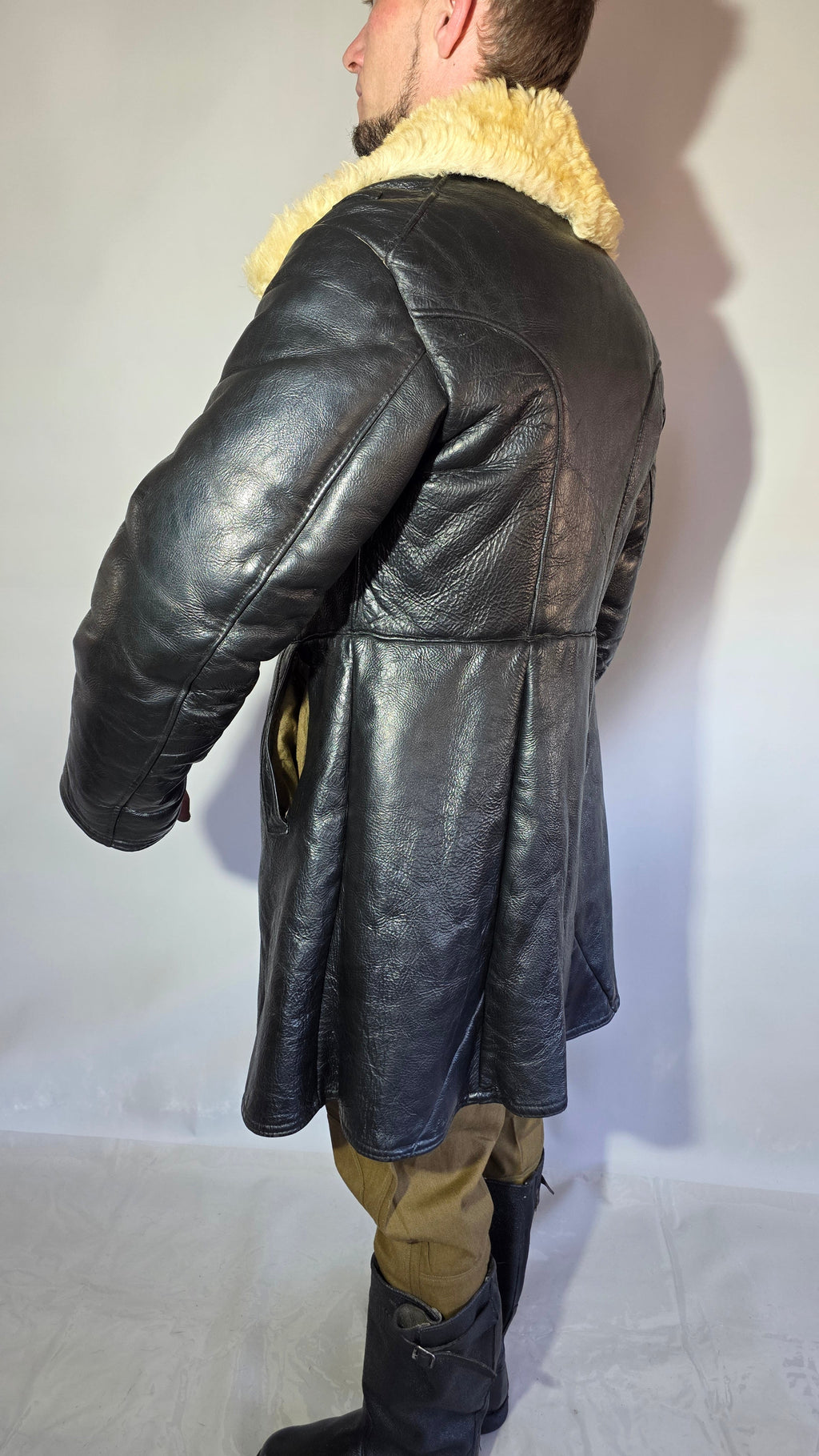 Soviet USSR VMF Bekesha Black Leather Natural Sheepskin Winter Naval Coat