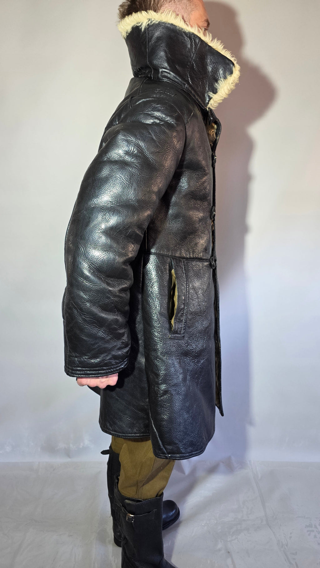 Soviet USSR VMF Bekesha Black Leather Natural Sheepskin Winter Naval Coat