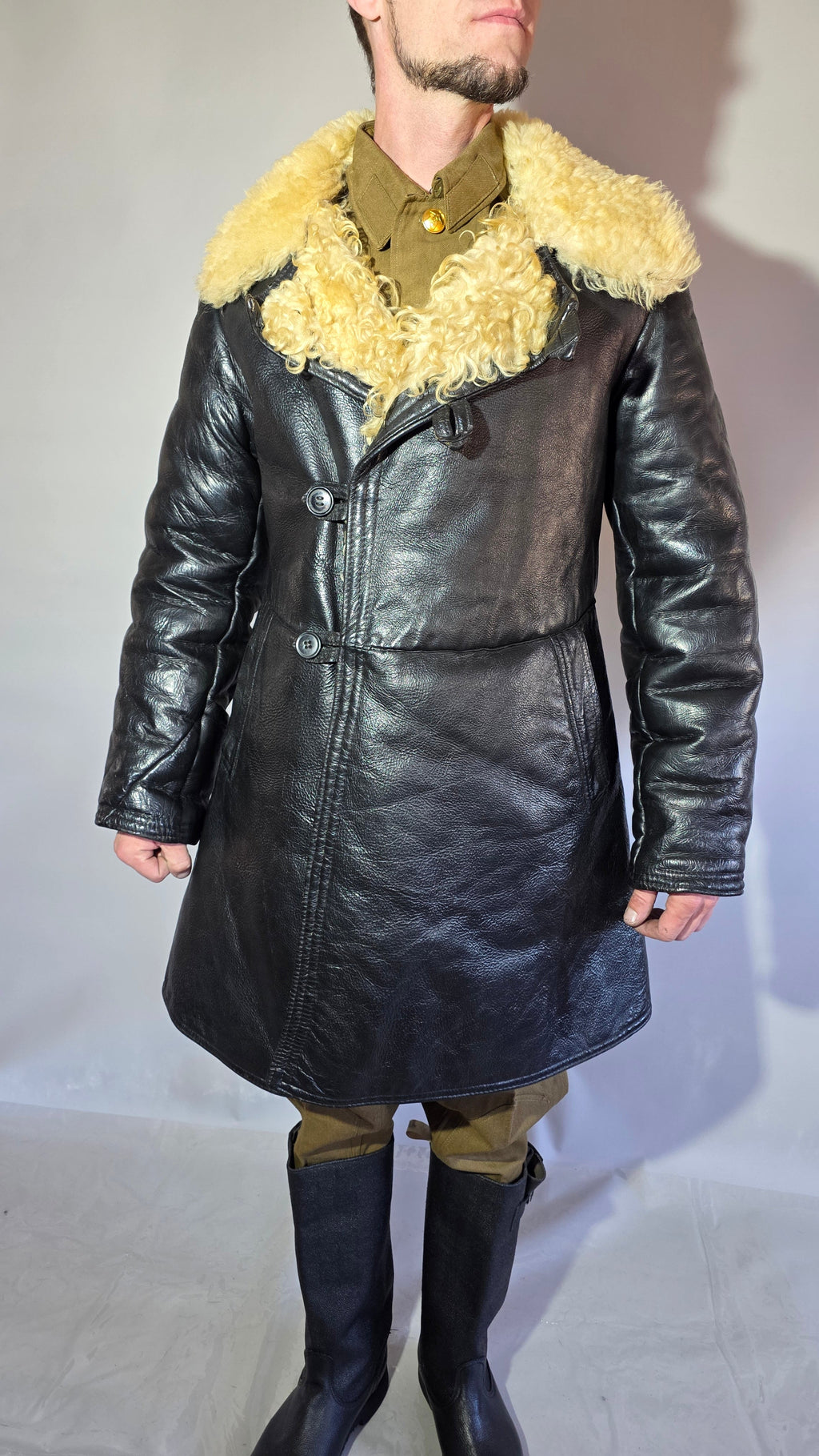 Soviet USSR VMF Bekesha Black Leather Natural Sheepskin Winter Naval Coat