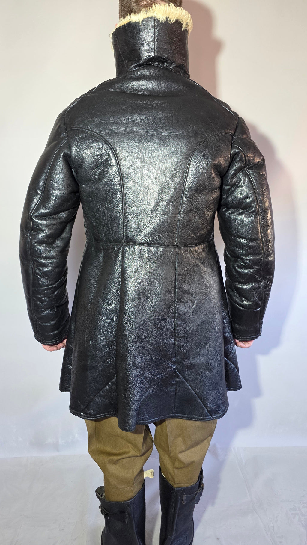 Soviet USSR VMF Bekesha Black Leather Natural Sheepskin Winter Naval Coat