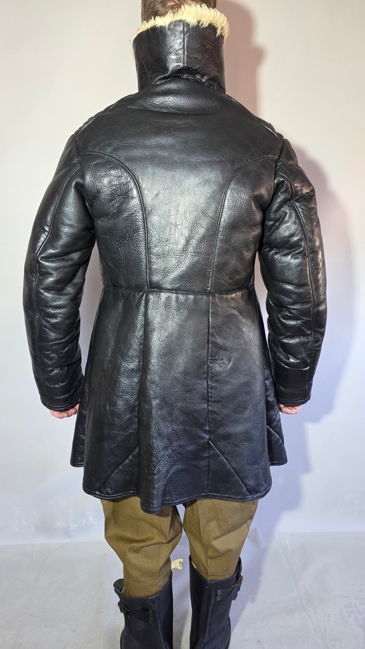 Soviet USSR VMF Bekesha Black Leather Natural Sheepskin Winter Naval Coat